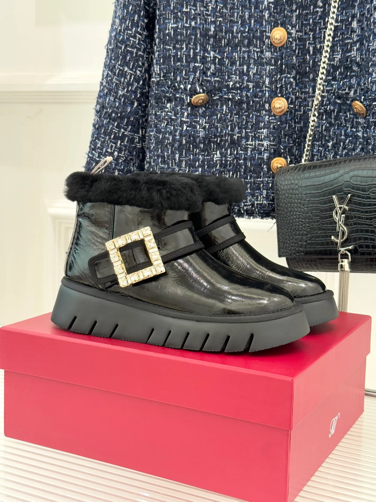 Roger Vivier Wool Glossy Fur-Lined Ankle Boots in Black · view 1