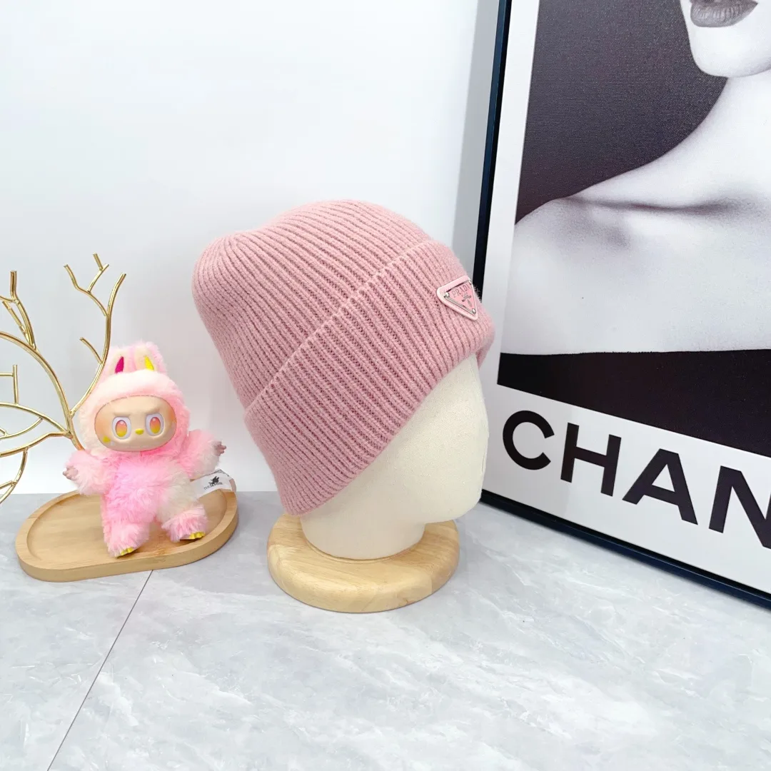 Prada Wool Triangle Logo Knit Beanie in Pink · view 4