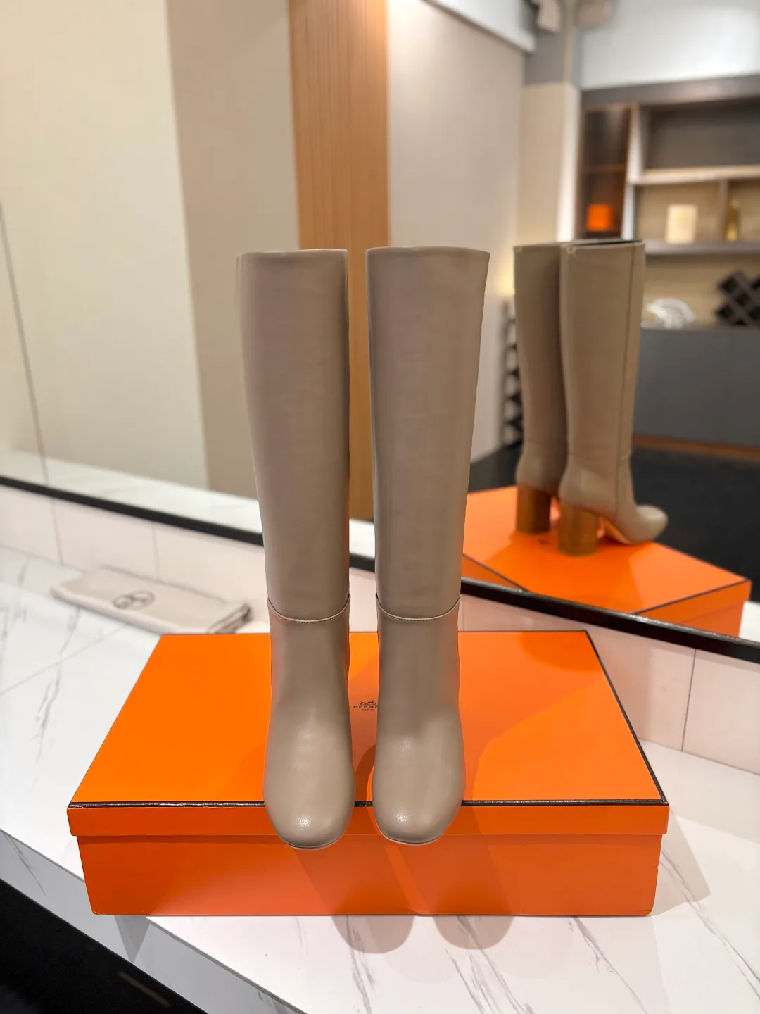 Hermes Cowhide Knee-High Boots in Grey · view 3