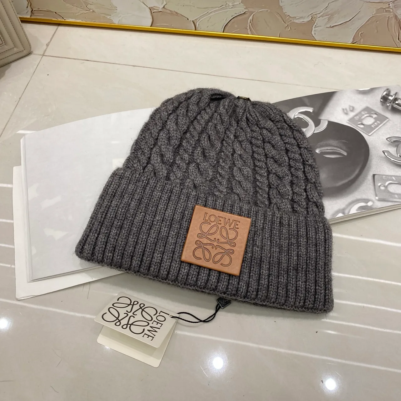 Loewe Cable knit beanie in Black & White & Cream & Brown & Grey & Burgundy · view 5