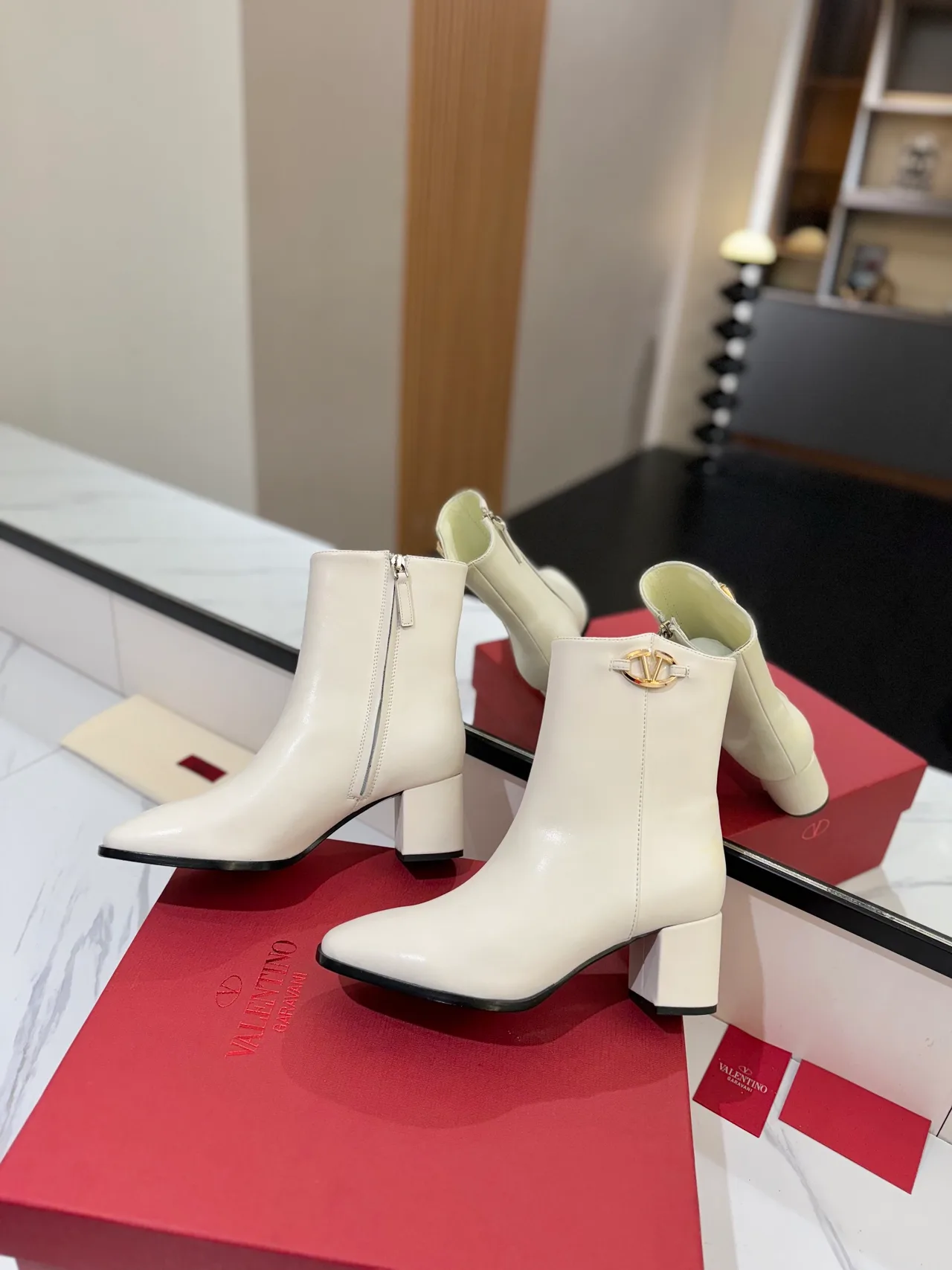 Valentino Calfskin Glossy Square-Toe Ankle Boots in White · view 4