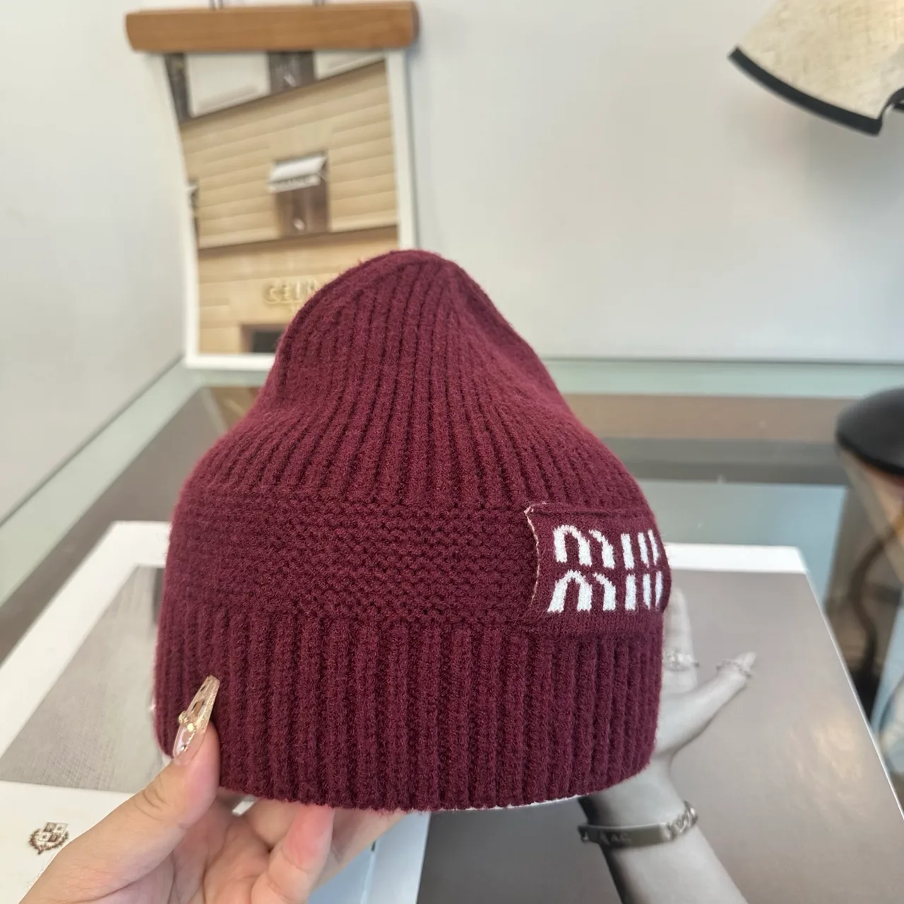 Miu Miu Beanie in Burgundy & Black & Grey & Tan & White · view 5