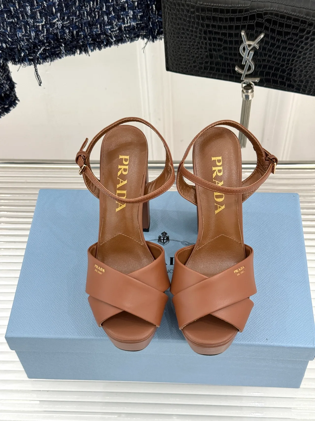 Prada Denim Round-Toe Sandals in Brown · view 4
