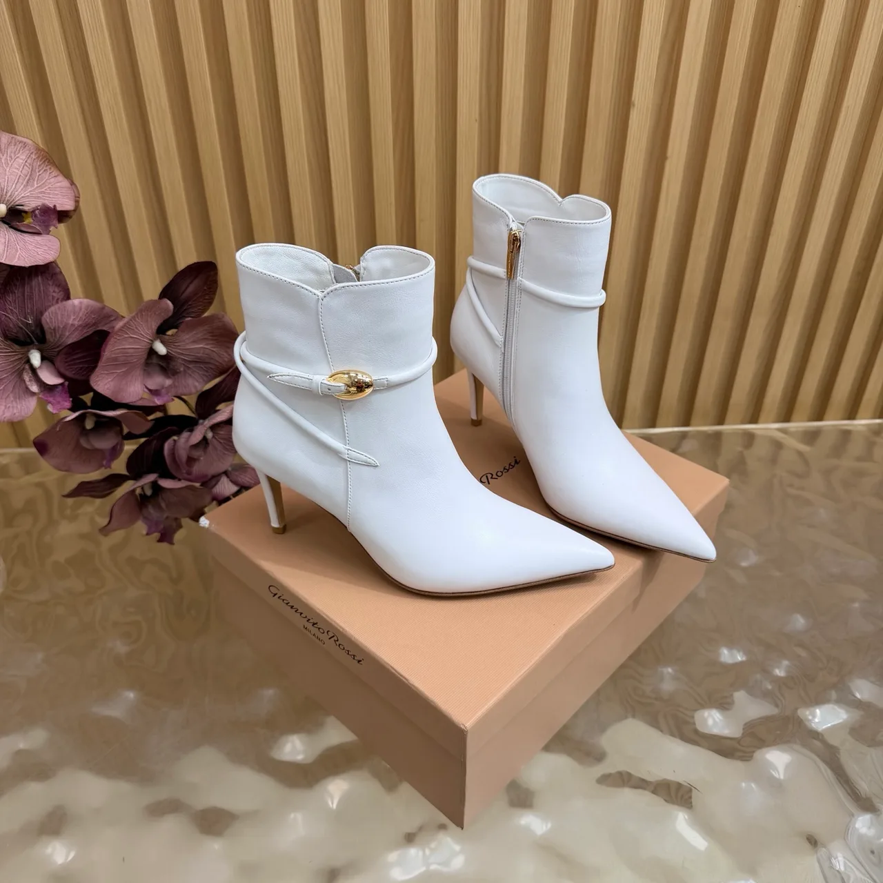Bottega Veneta Glossy Pointed-Toe Buckle Ankle Boots in White · view 3