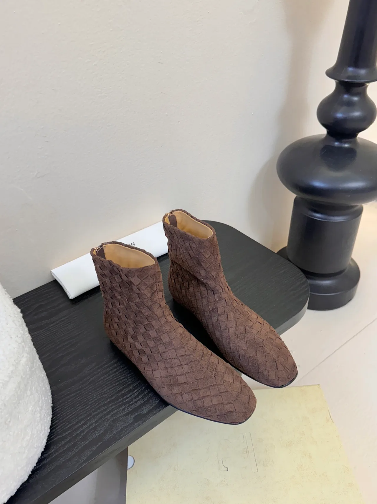 Quilted Lace-Up Woven Ankle Boots in Brown · view 1