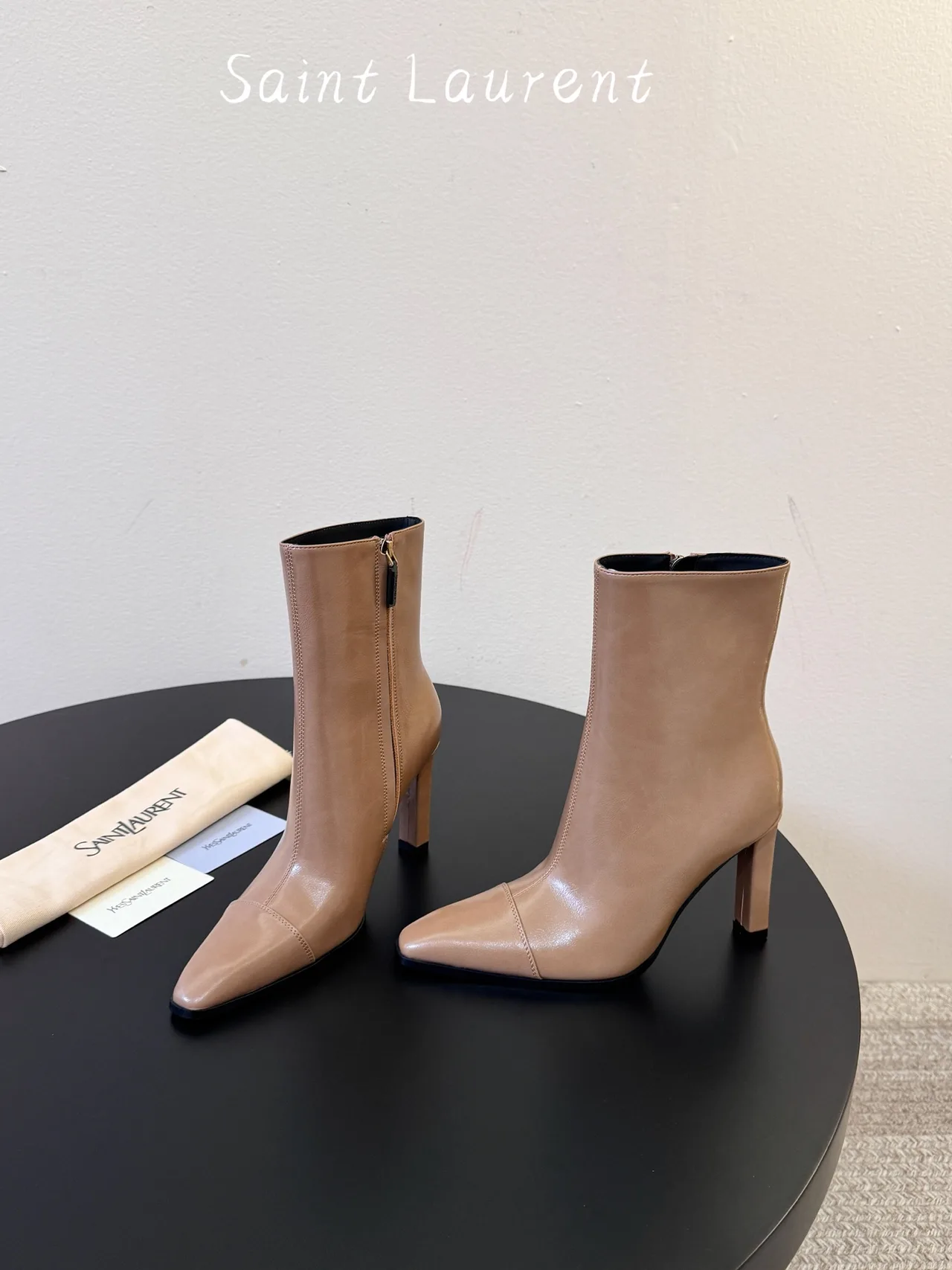 Saint Laurent Glossy Pointed-Toe Ankle Boots in Tan · view 3