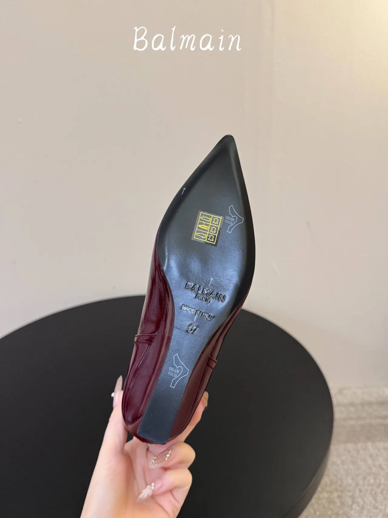 Balmain Denim Ribbed Glossy Pointed-Toe Mid-Calf Boots in Burgundy · view 6