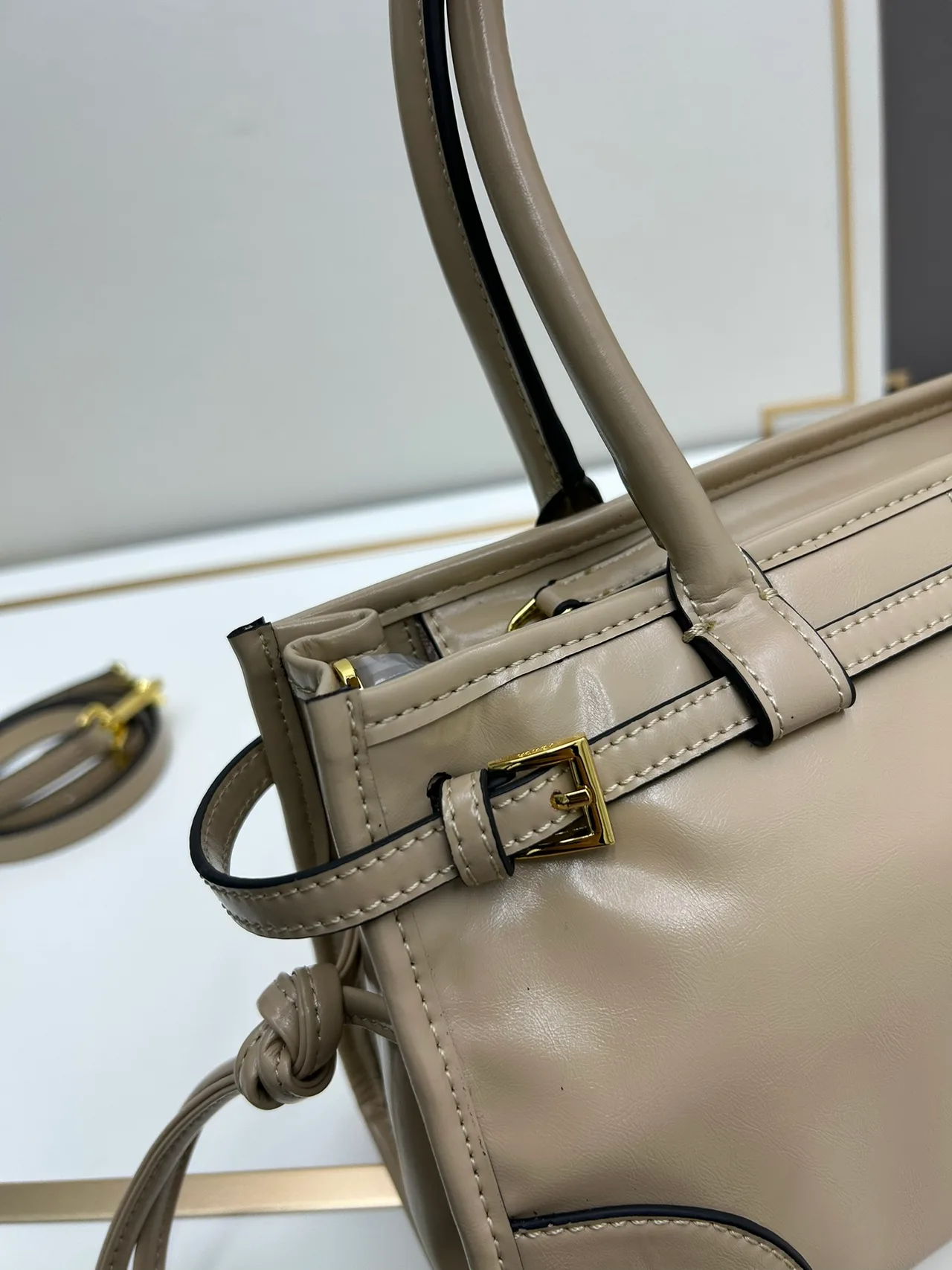 Prada Smooth Top-Handle Bag in Beige · view 6