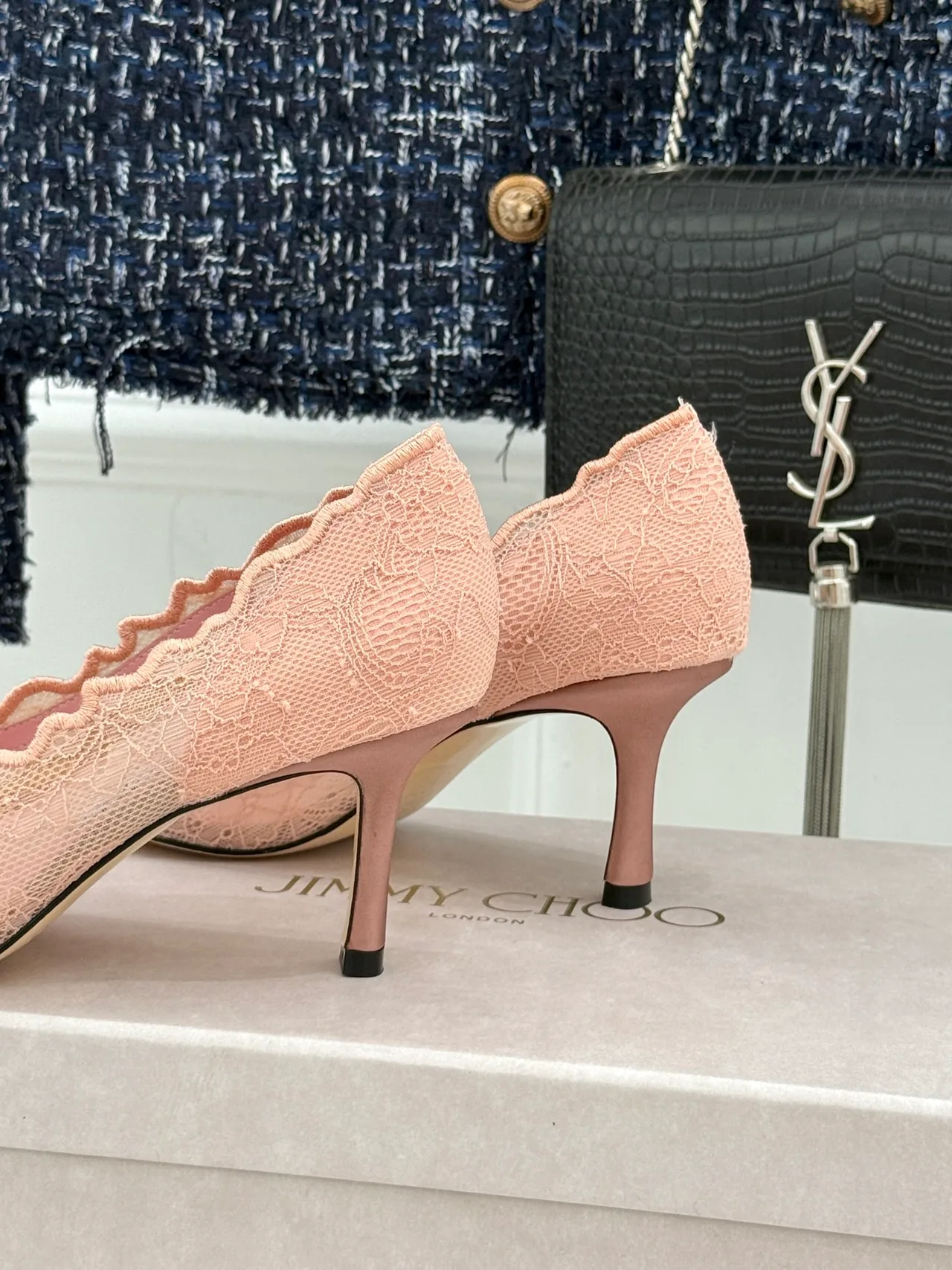 Jimmy Choo Smooth Pointed-Toe Lace Heel Pumps in Pink · view 6
