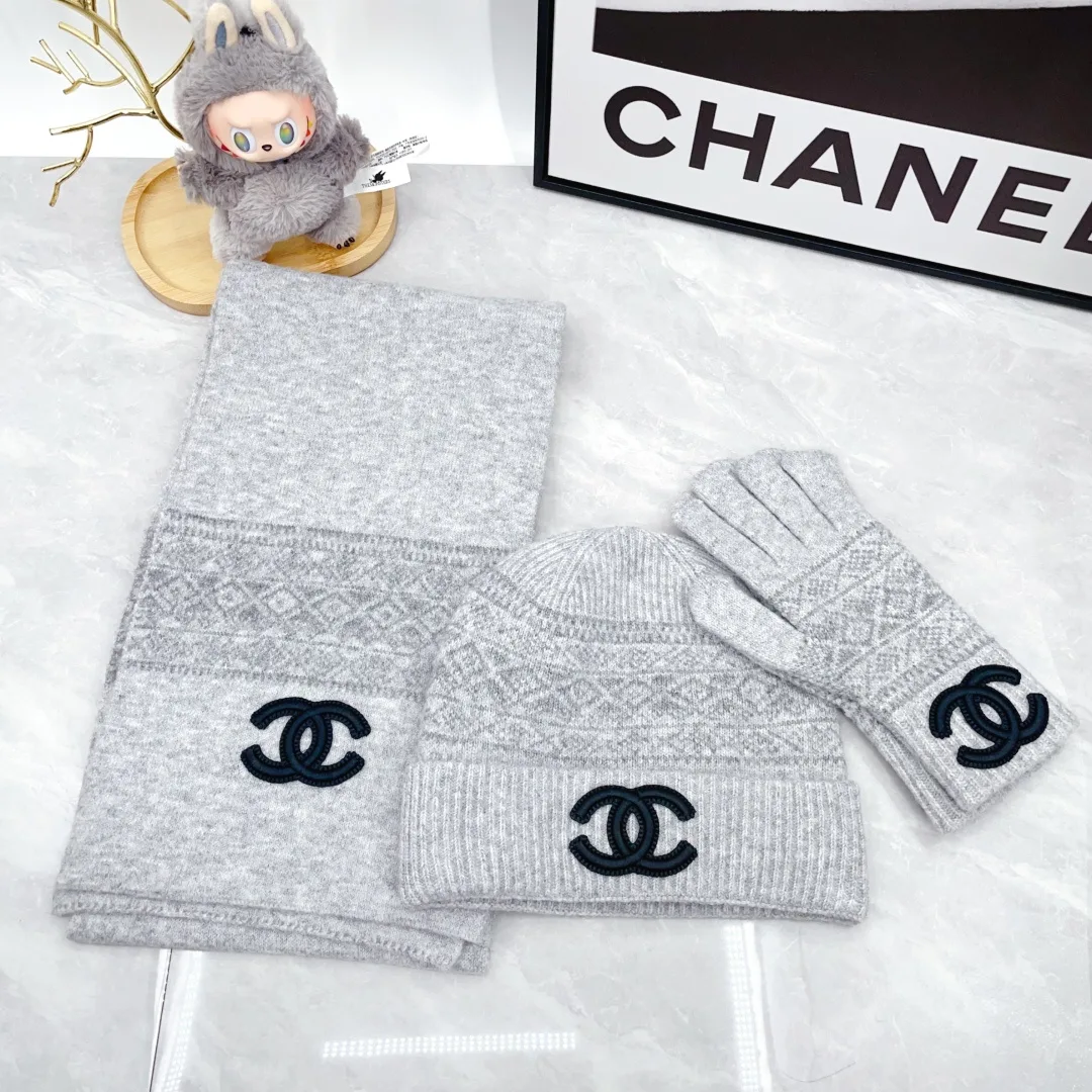 Chanel 50% Wool 50% Acrylic 3-Piece Set (Hat, Scarf & Gloves) in Grey · view 2