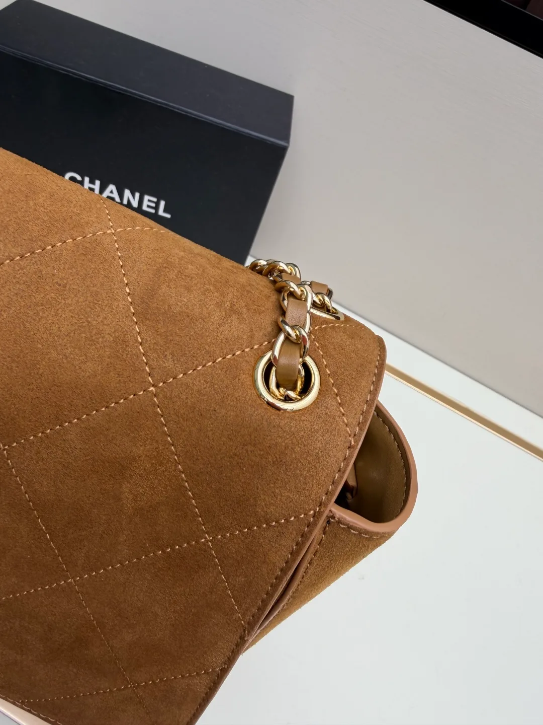 Chanel Suede Quilted Crossbody Bag in Tan · view 6
