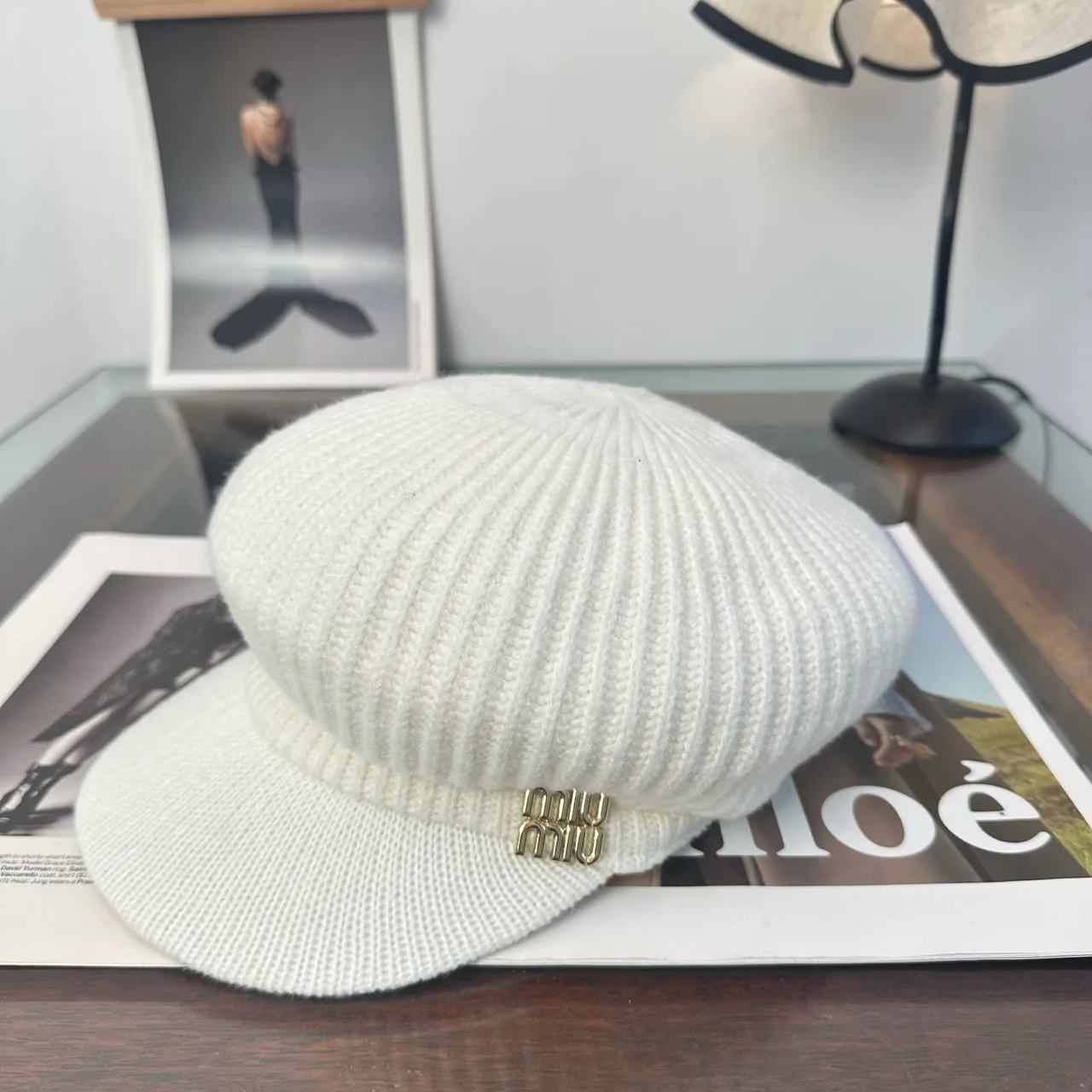 Miu Miu Ribbed Newsboy Cap in White · view 1