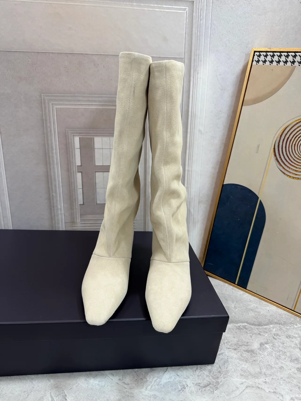 Smooth Round-Toe Knee-High Block-Heel Boots in White · view 5