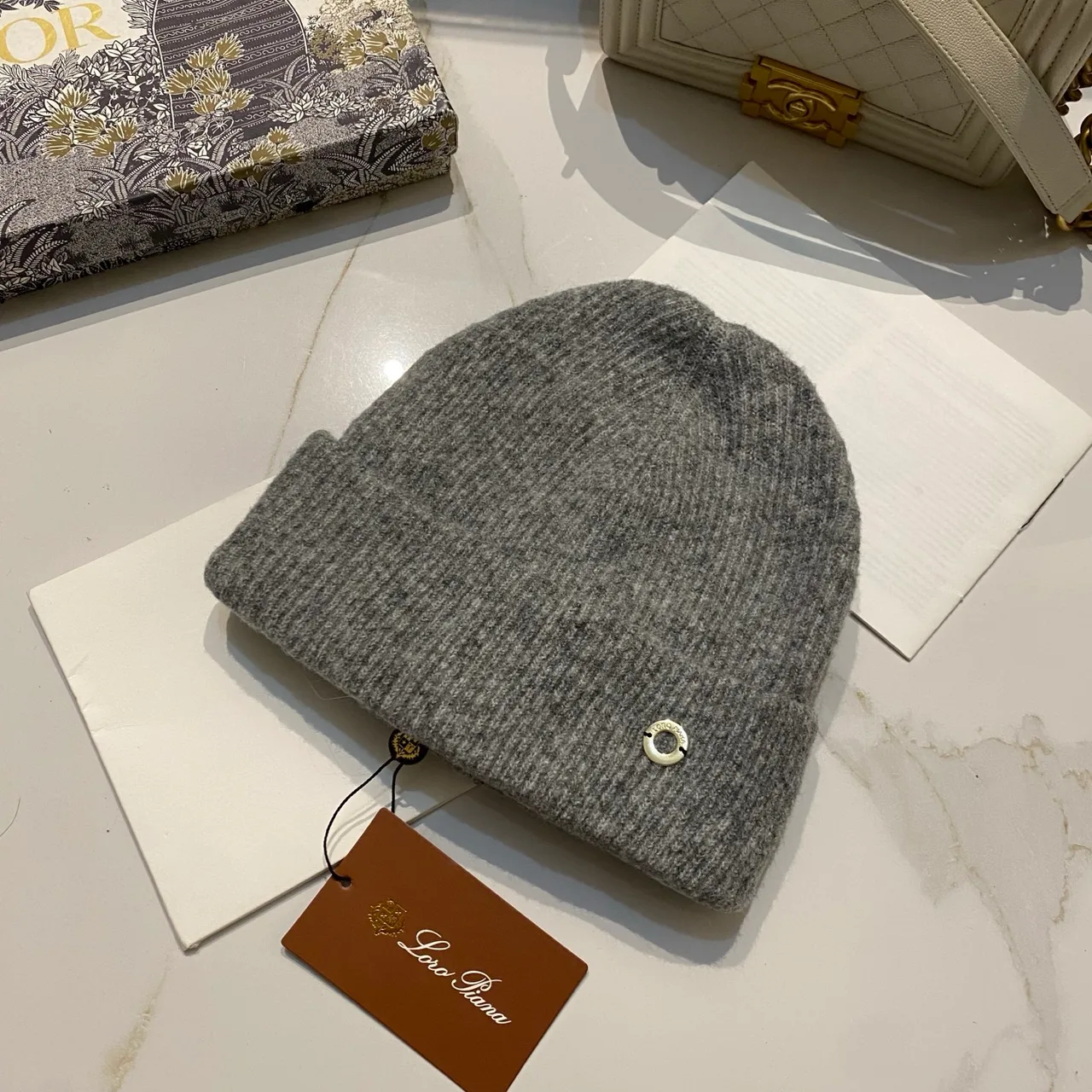 Loro Piana Beanie in Black & Beige & Grey & Brown & Pink & Burgundy · view 3