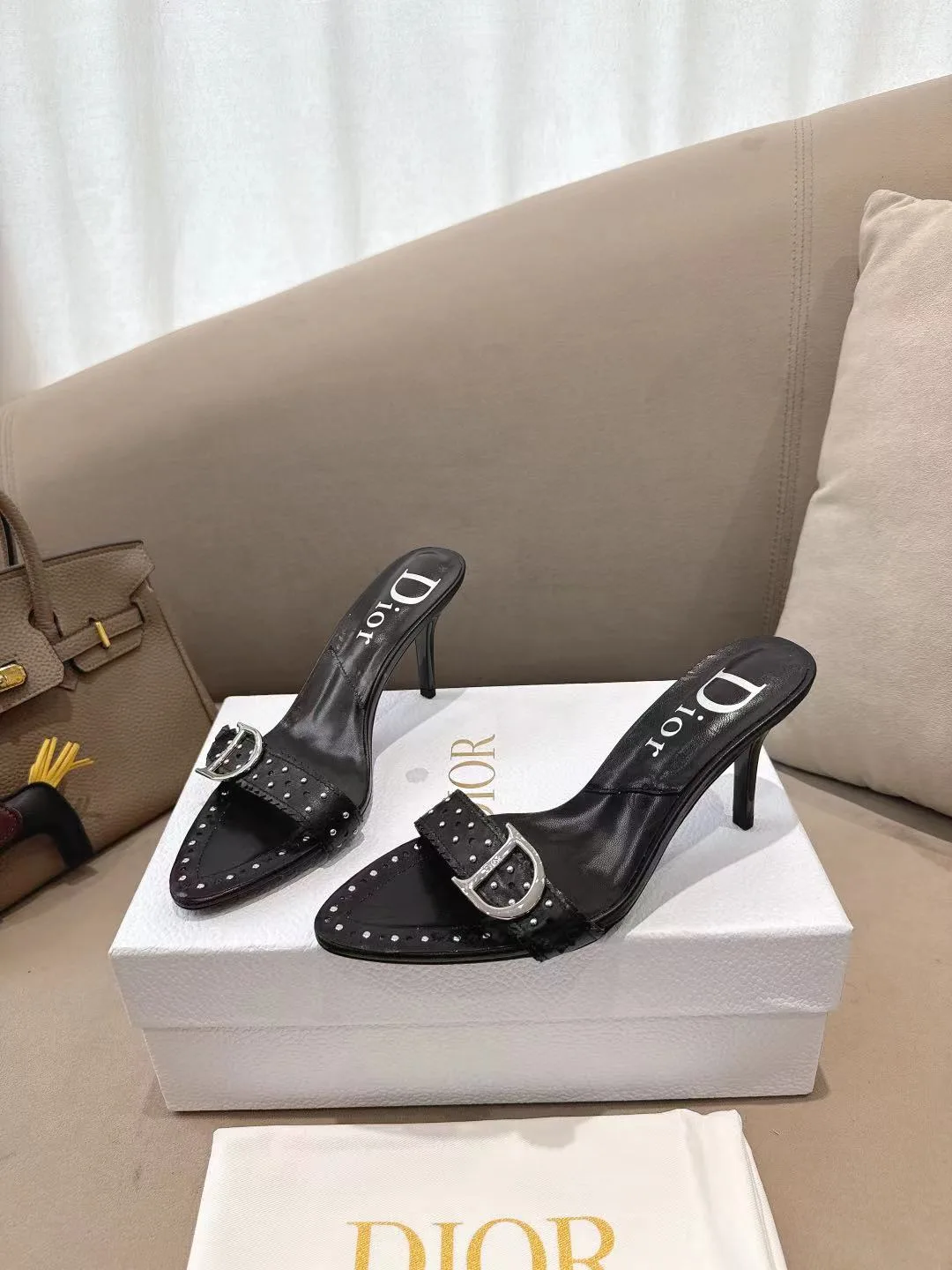 Dior Sheepskin Glossy Pointed-Toe Buckle Mules in Black · view 1