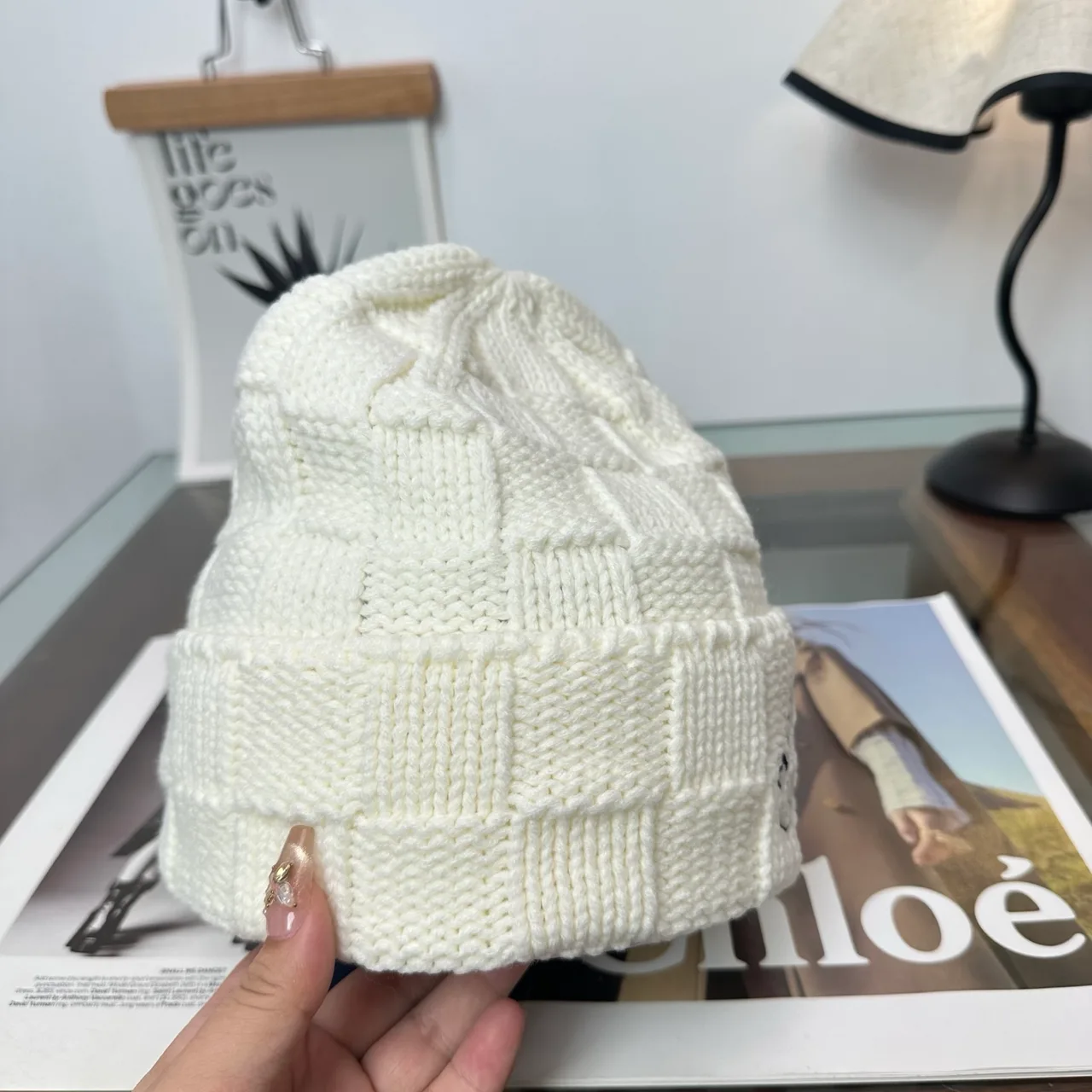 Louis Vuitton Cable-Knit Beanie in Cream & Black · view 8