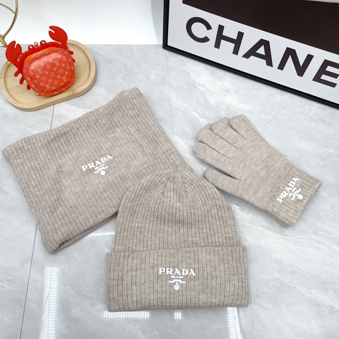 Prada Wool Ribbed Hat Scarf and Gloves Set in Beige · view 1