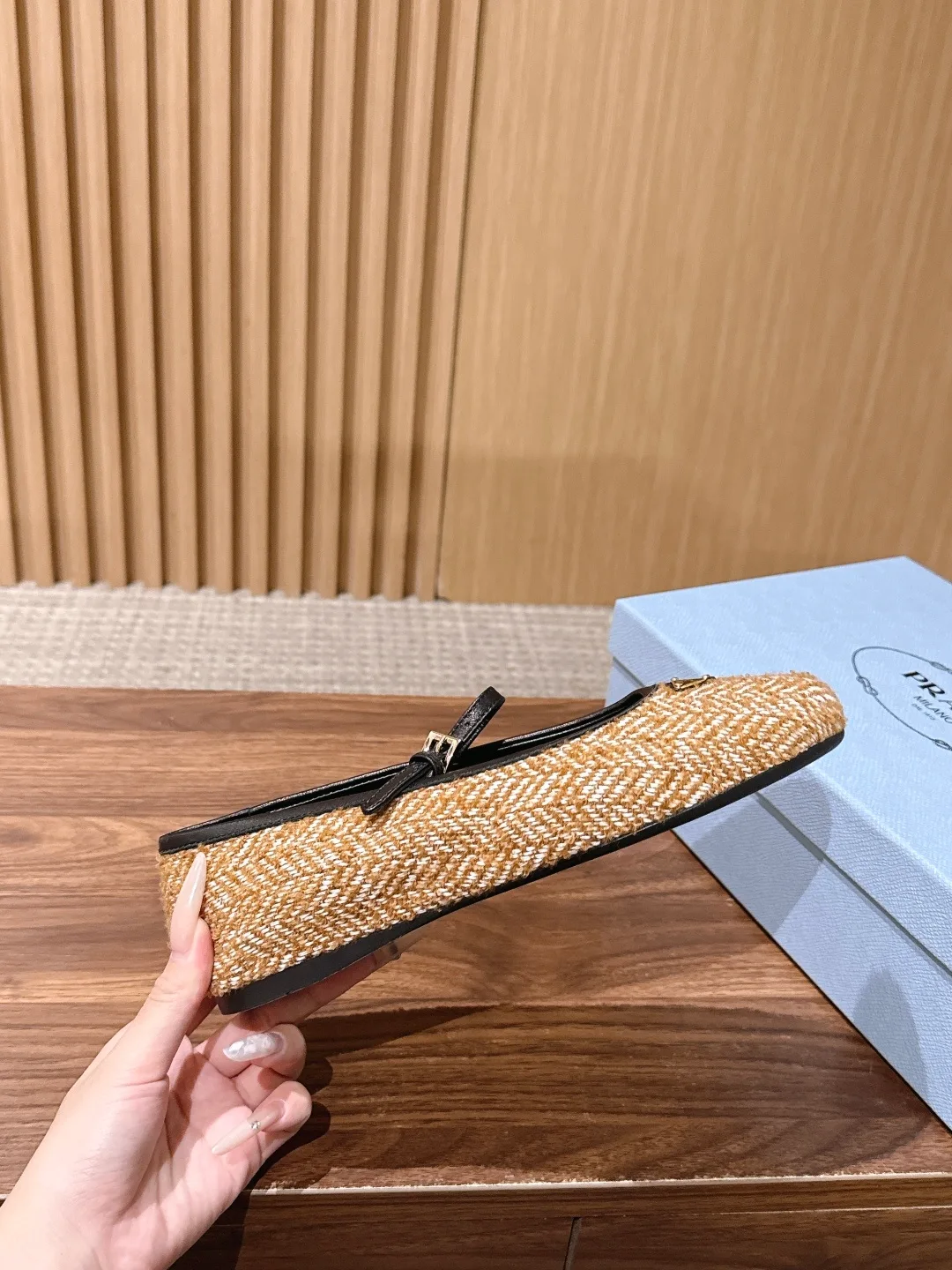 Prada Woven Round-Toe Mary Jane Flats in Beige · view 6