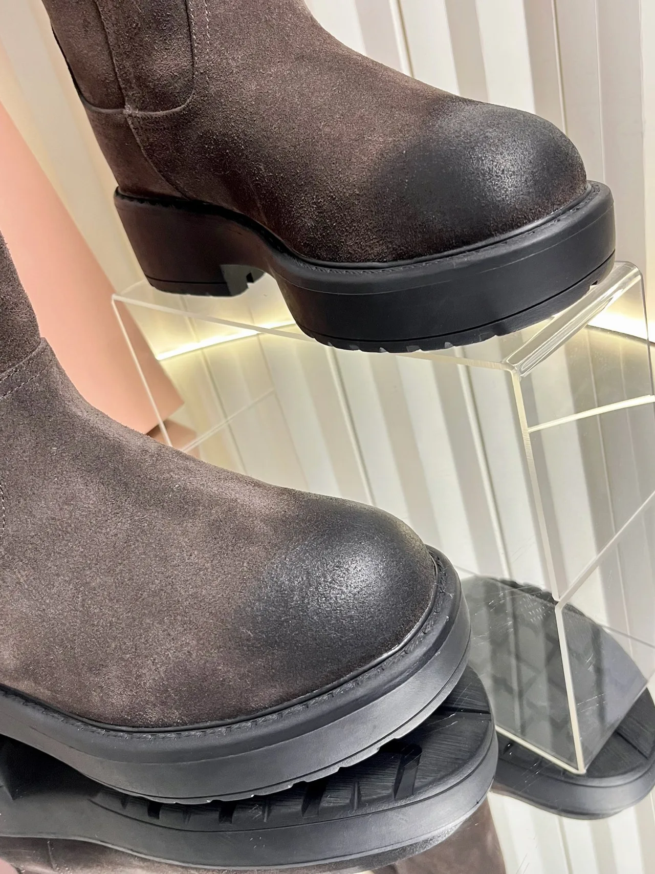 Miu Miu Calfskin Glossy Suede-Look Round-Toe Boots in Brown · view 7