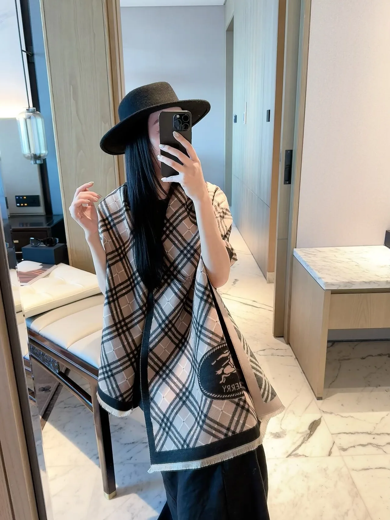 Burberry Check Equestrian Shawl in Brown & Beige · view 6