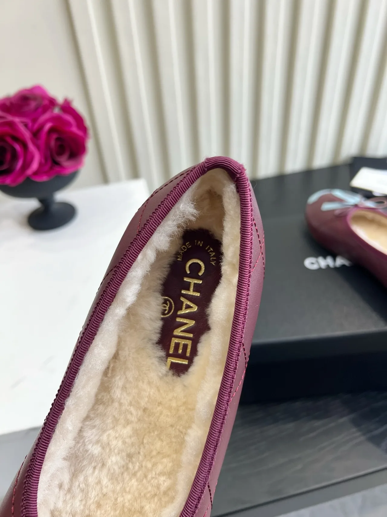 Chanel Sheepskin Quilted Bow Fur-Lined Ballet Flats in Burgundy · view 8