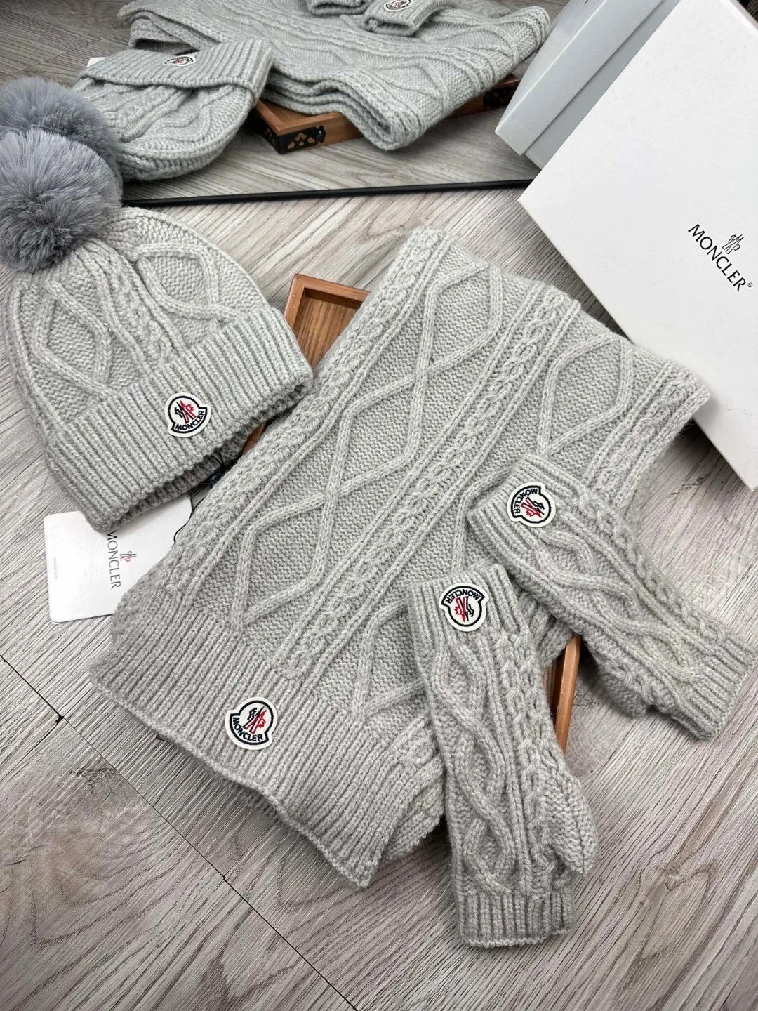 Moncler Wool Hat Scarf and Gloves Set in Grey · view 2