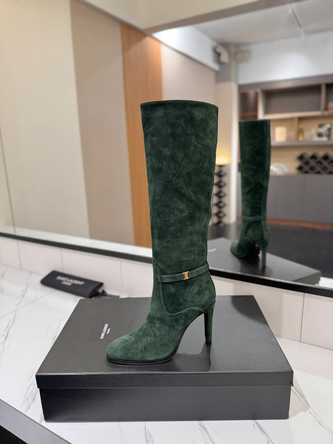 Saint Laurent Cowhide Sheepskin Suede-Look Pointed-Toe Buckle Boots in Green · view 6
