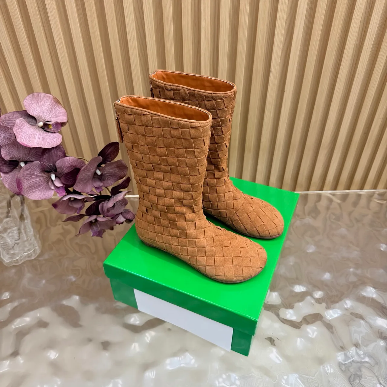 Bottega Veneta Quilted Woven Round-Toe Ankle Boots in Tan · view 1