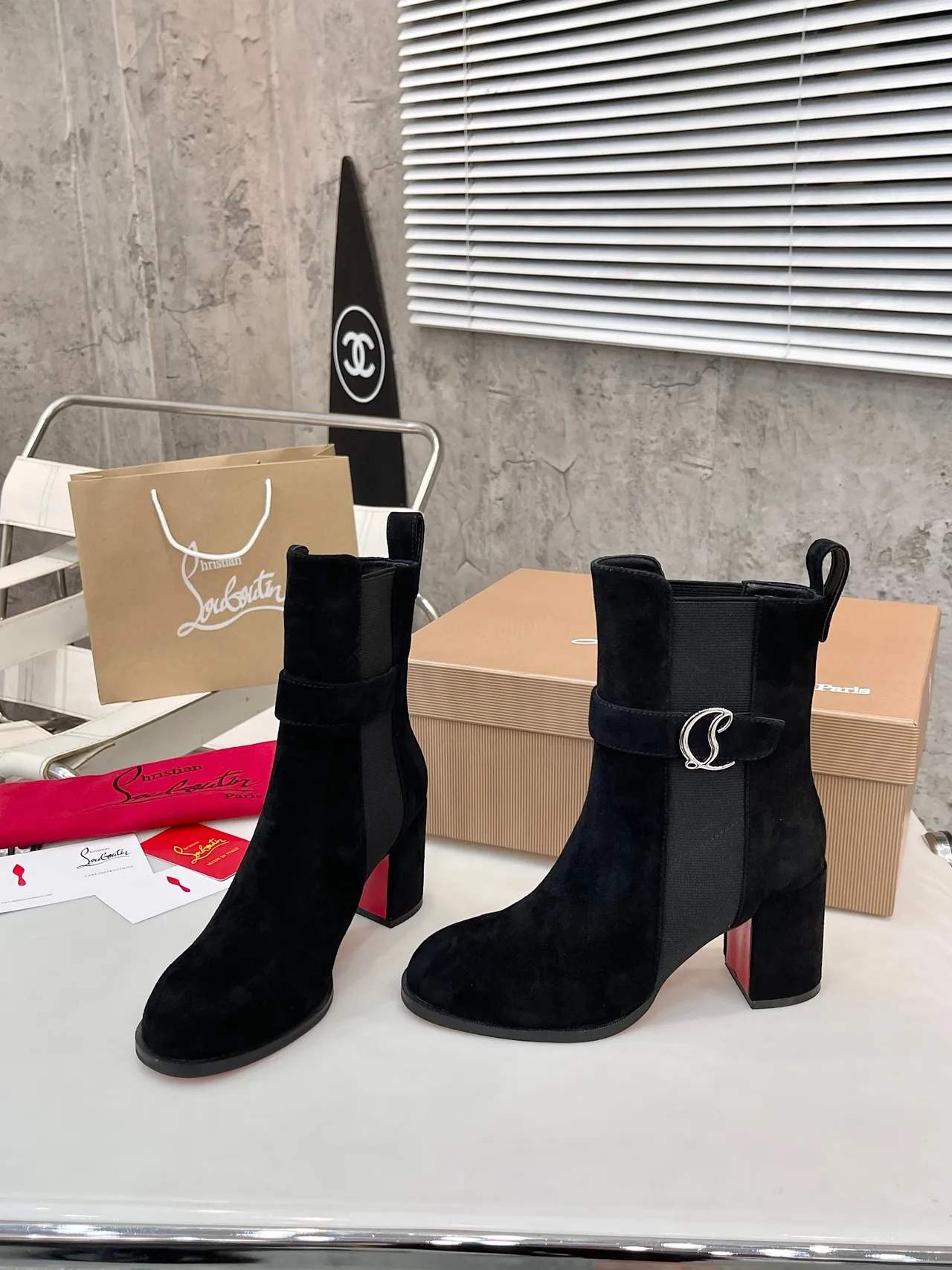 Christian Louboutin Calfskin Suede-Look Pointed-Toe Buckle Ankle Boots in Black · view 6