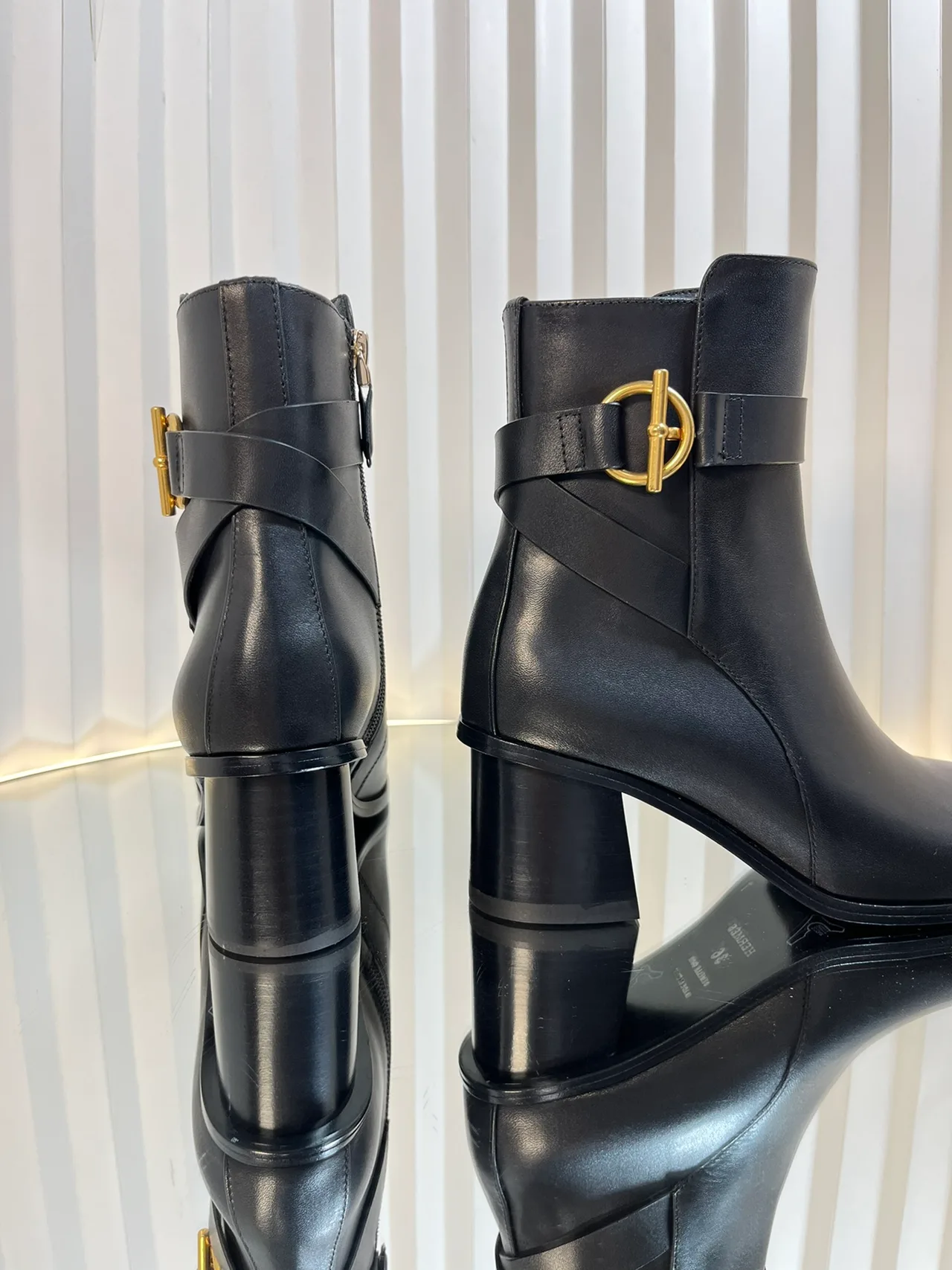 Calfskin Glossy D-Buckle Smooth Ankle Boots in Black · view 5