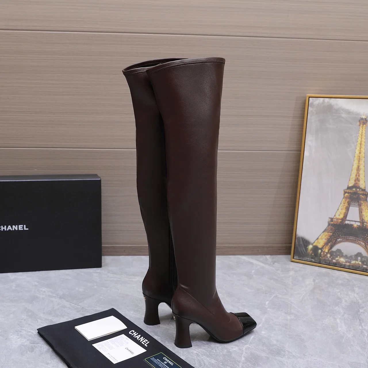 Chanel Cowhide Glossy Square-Toe Boots in Brown · view 4