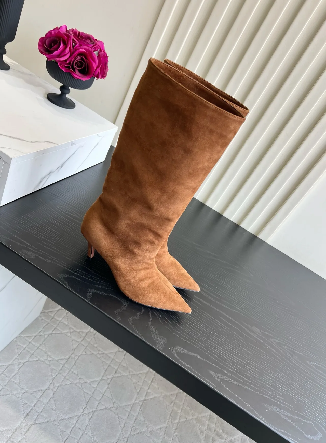 Amina Muaddi Cowhide Knee-High Boots in Tan · view 3