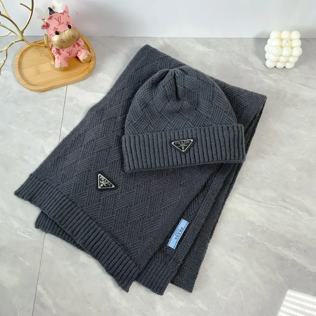 Prada Wool Ribbed Hat and Scarf Set in Grey · view 3