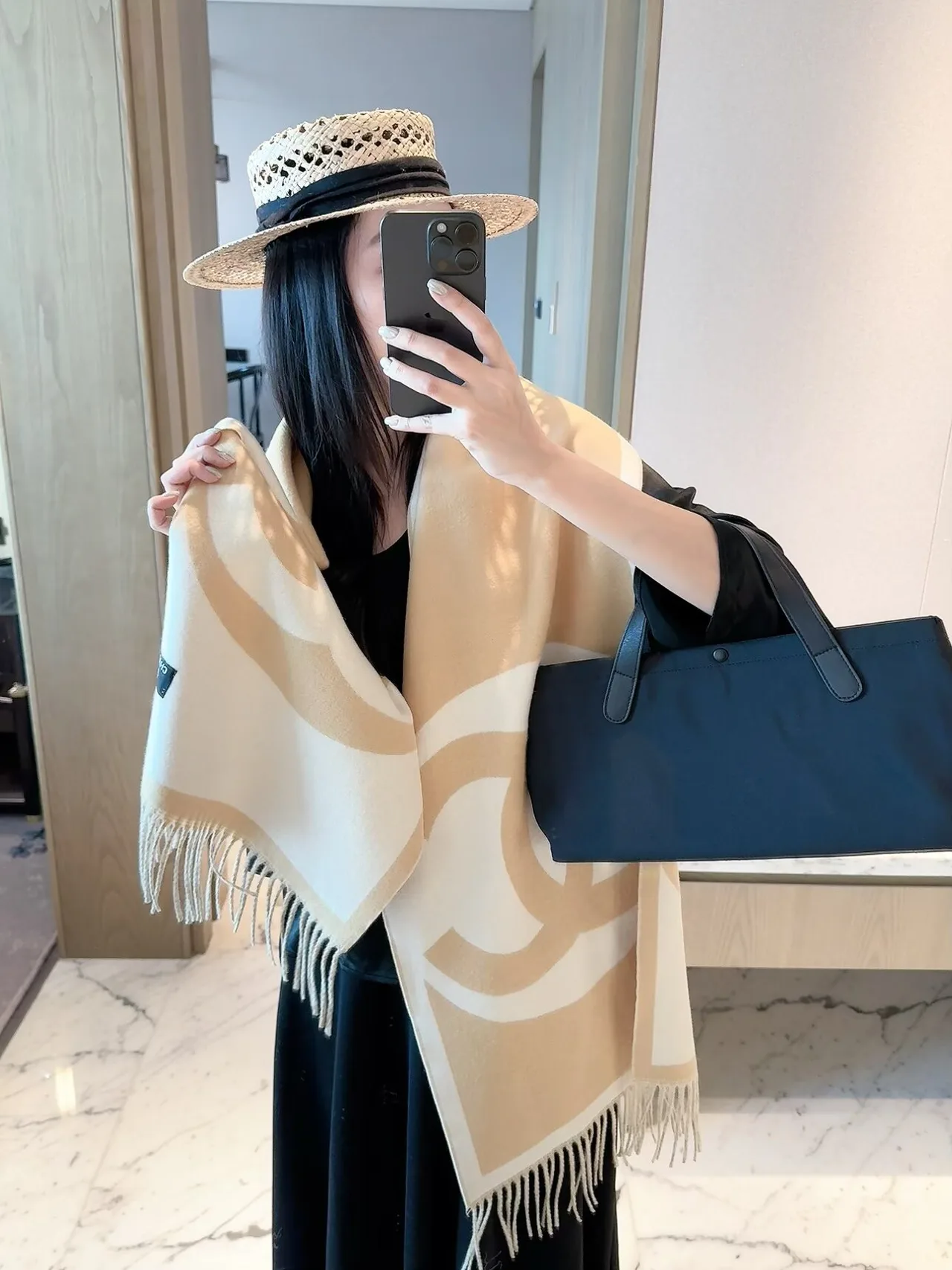 Chanel CC Jacquard Scarf in Beige & Brown · view 4