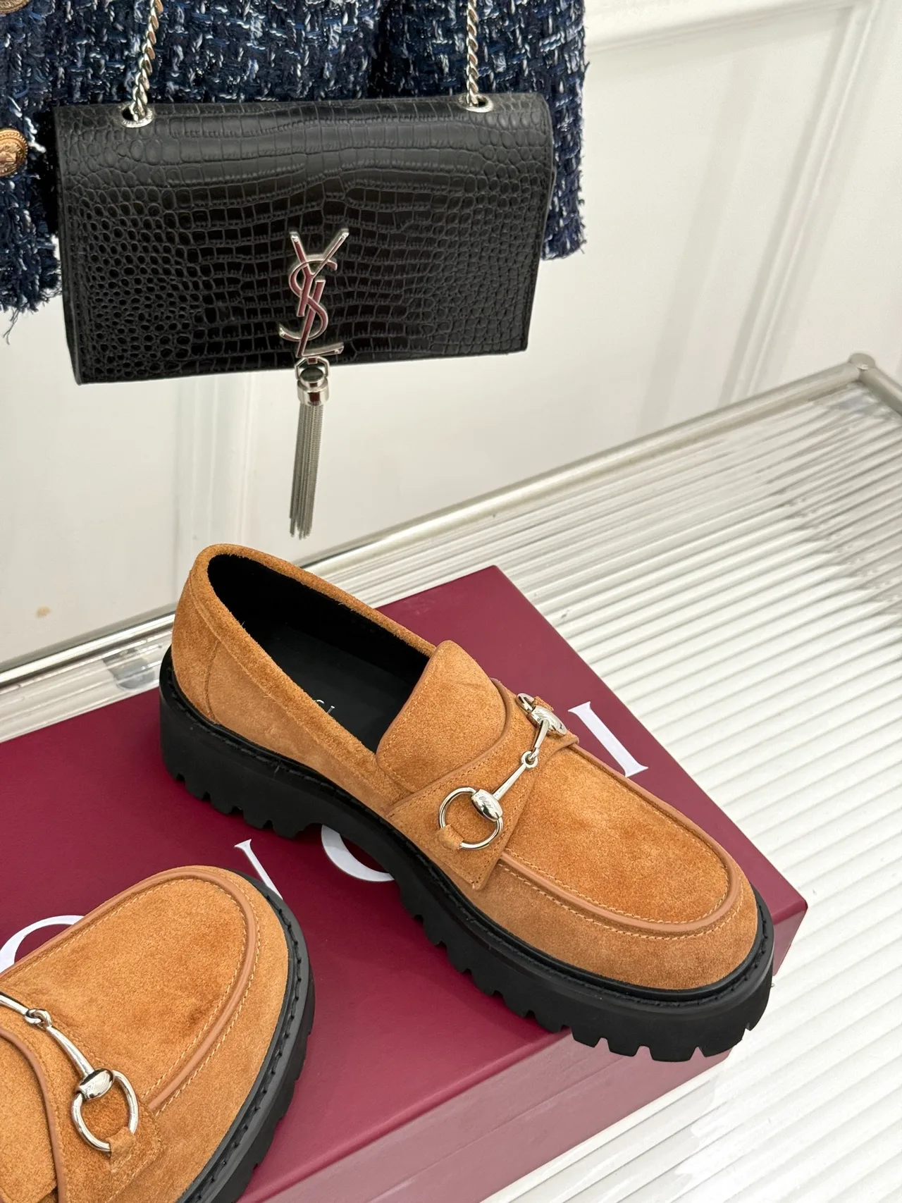 Gucci Glossy Suede-Look Round-Toe Loafers in Tan · view 5