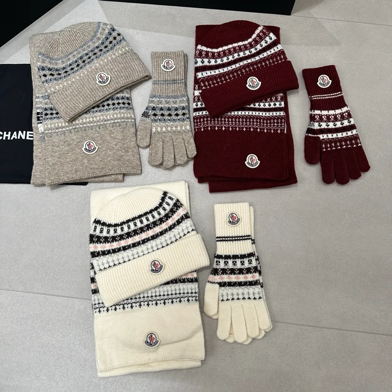 Moncler Hat Scarf and Gloves Set in Grey & Burgundy & White · view 8
