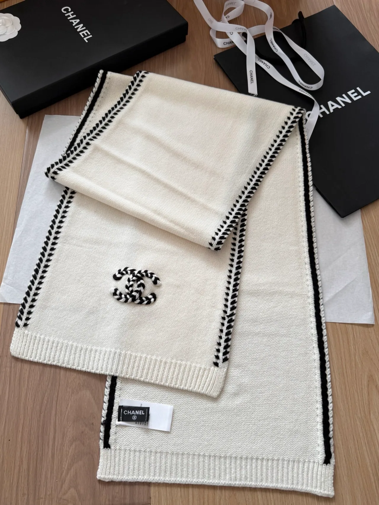Chanel Cashmere Striped Embroidered Scarf in Cream · view 1