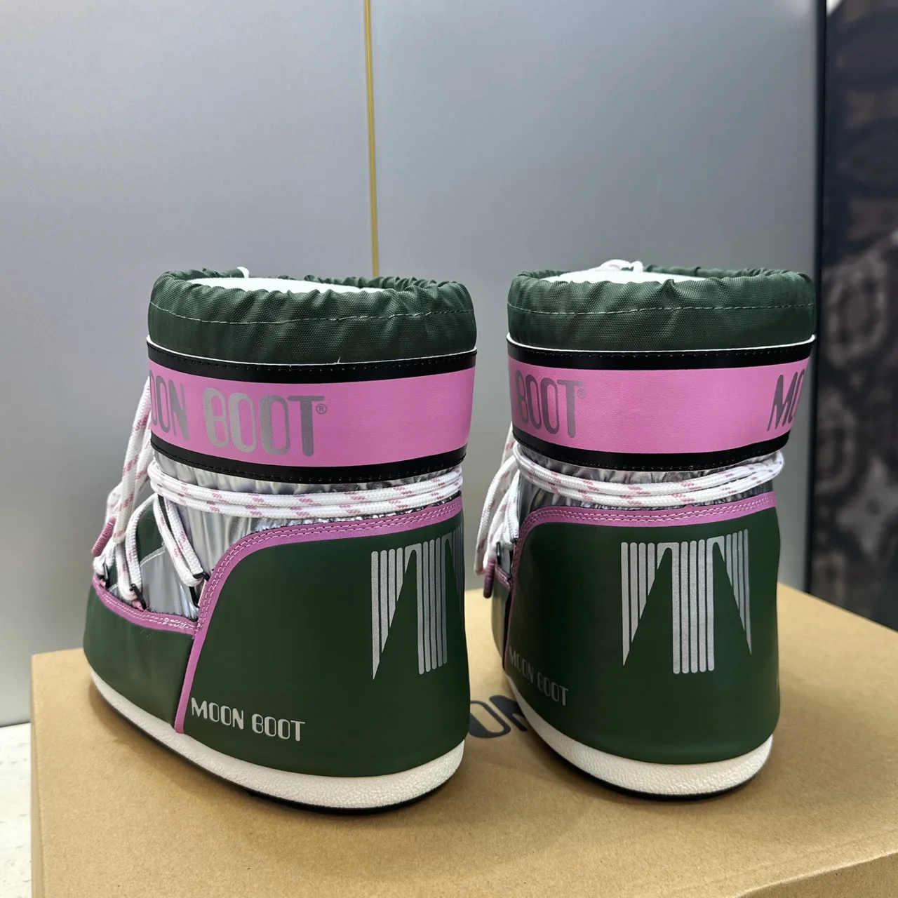 Moon Boot Quilted Striped Lace-Up Snow Boots in Green · view 8