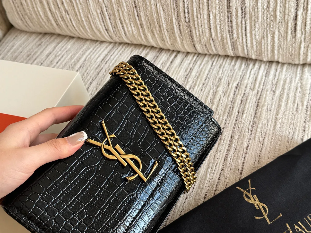 Saint Laurent Kate Croc-Pattern Chain Bag in Black · view 6