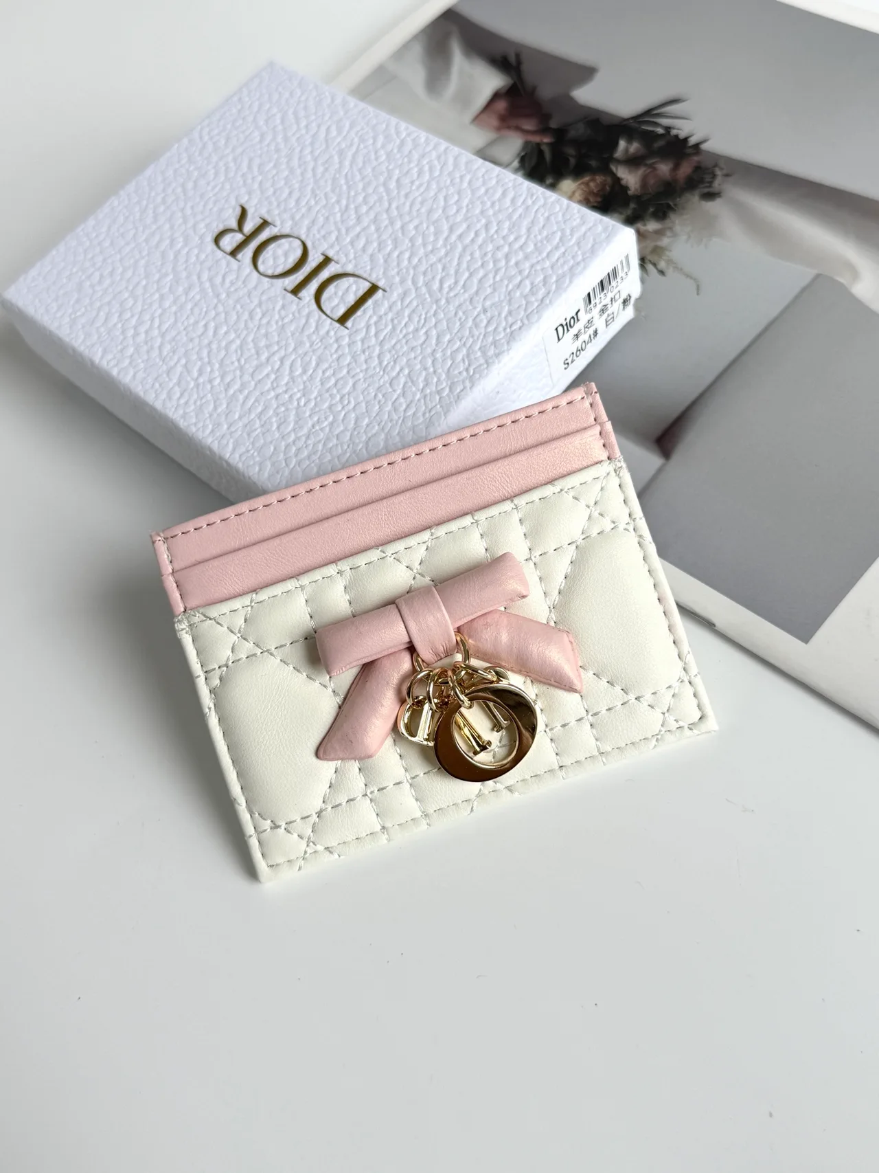 Dior Lambskin Quilted Bow Cardholder in White · view 1