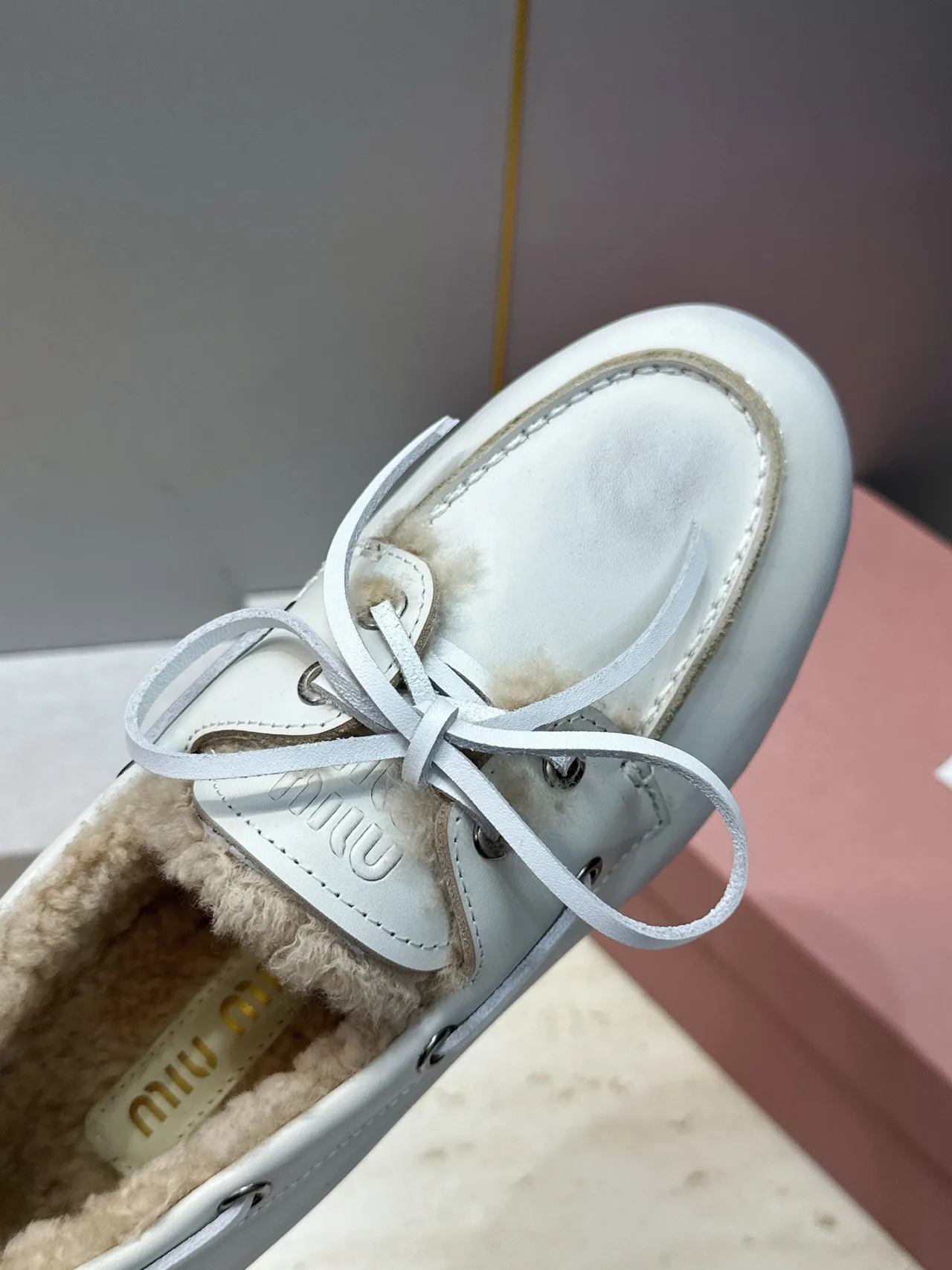 Miu Miu Calfskin Boat Shoes in White · view 7