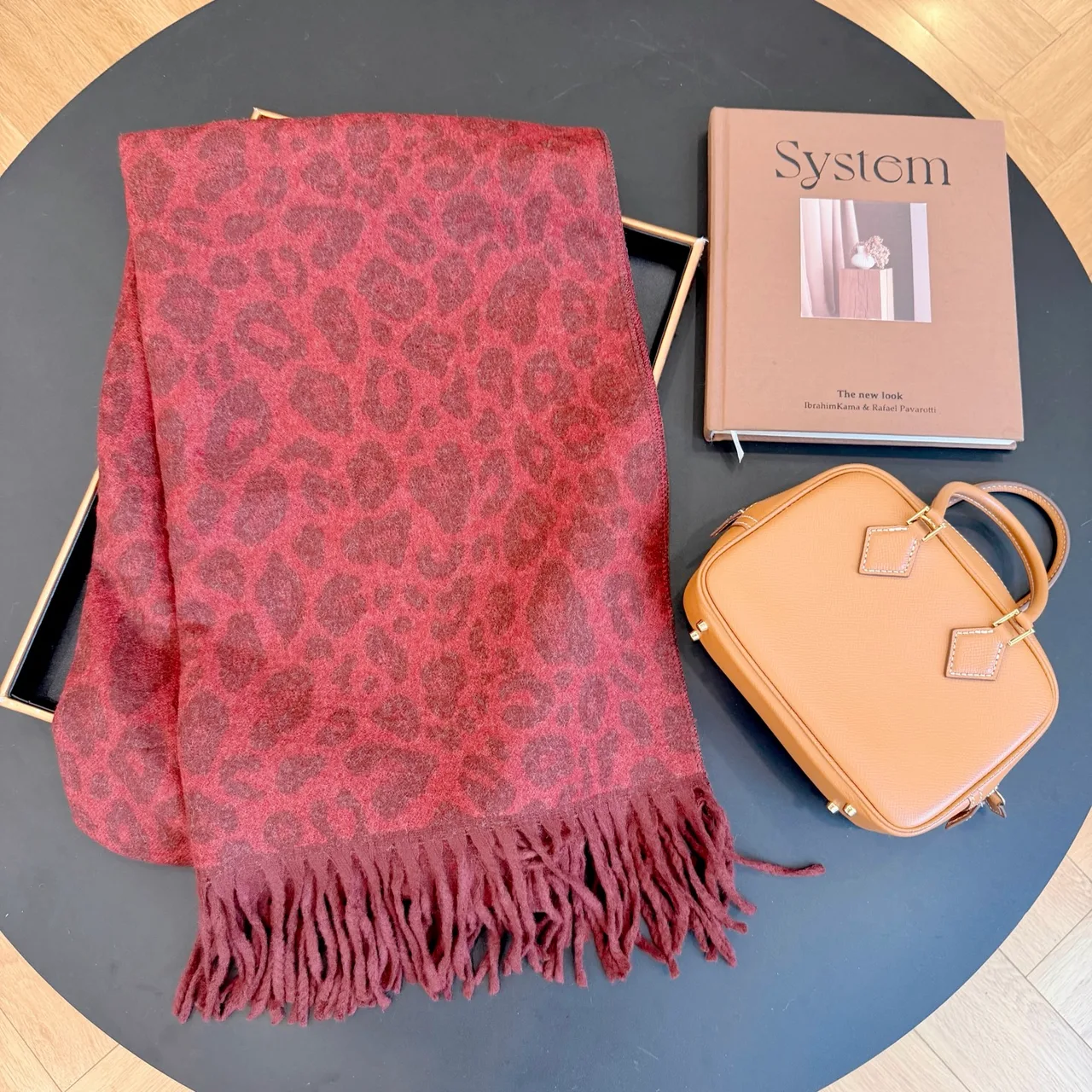 Leopard-Pattern Fringe Scarf in Red & Grey · view 1