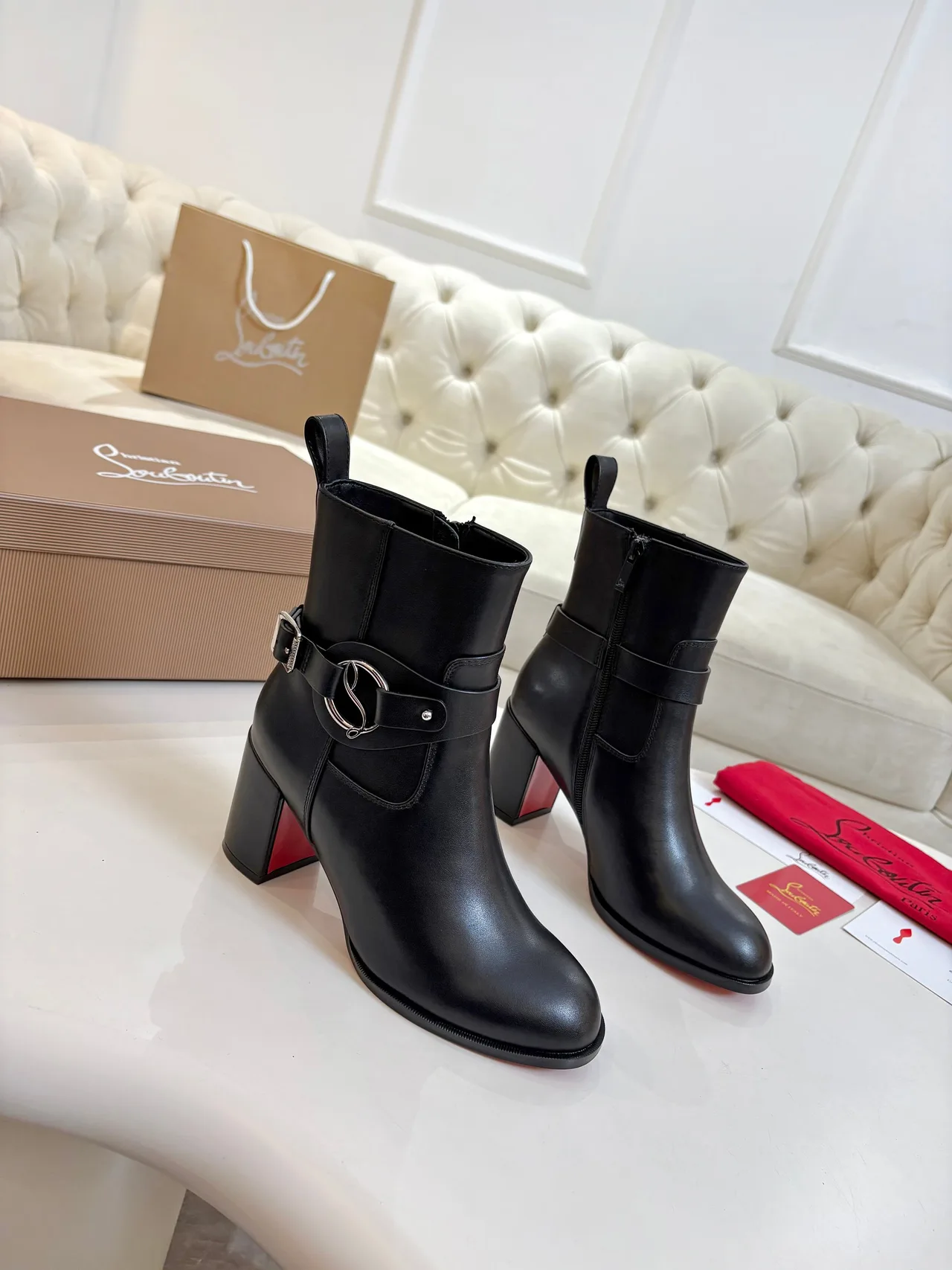 Christian Louboutin Calfskin Glossy Buckle Ankle Boots in Black · view 5