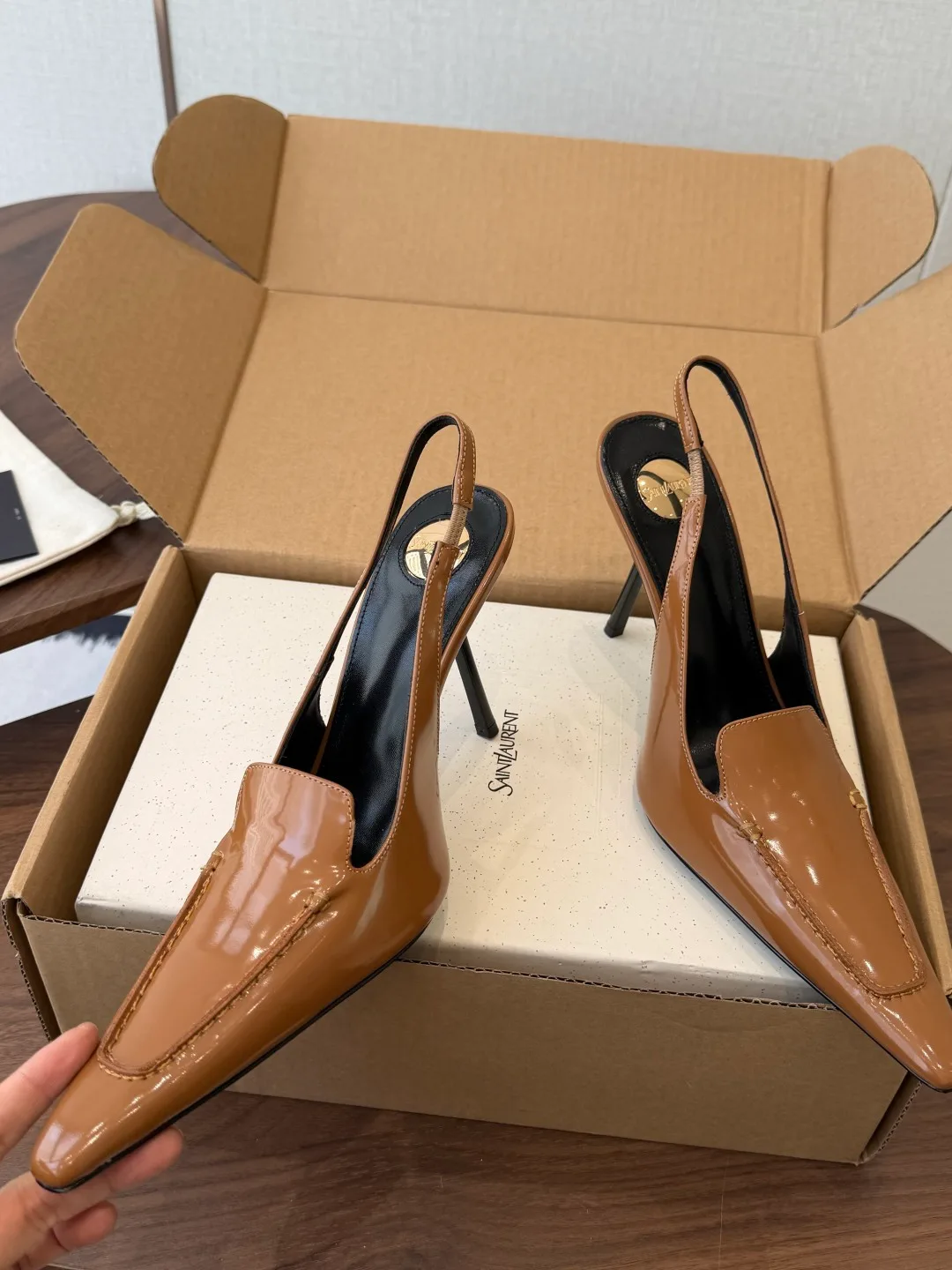 Saint Laurent Cowhide Slingback Heels in Brown · view 5