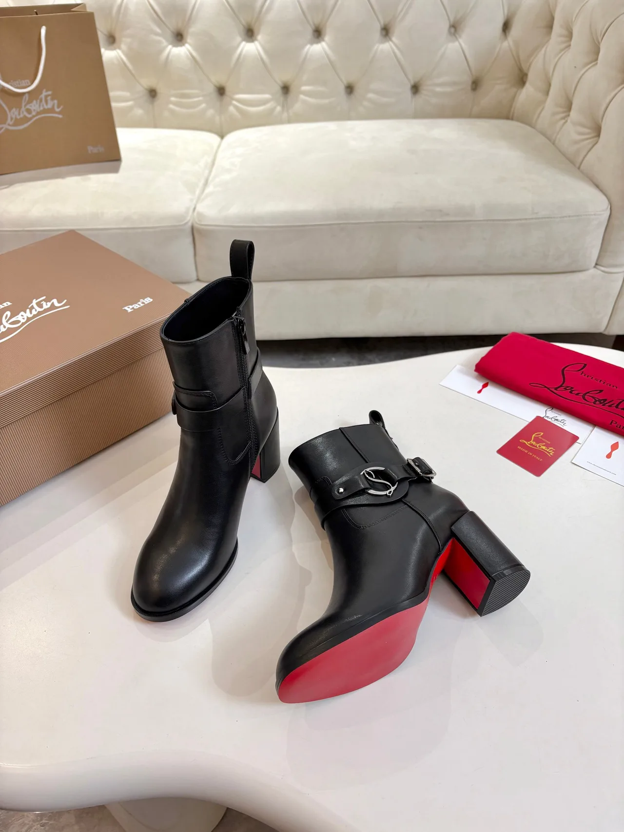 Christian Louboutin Calfskin Glossy Buckle Ankle Boots in Black · view 3