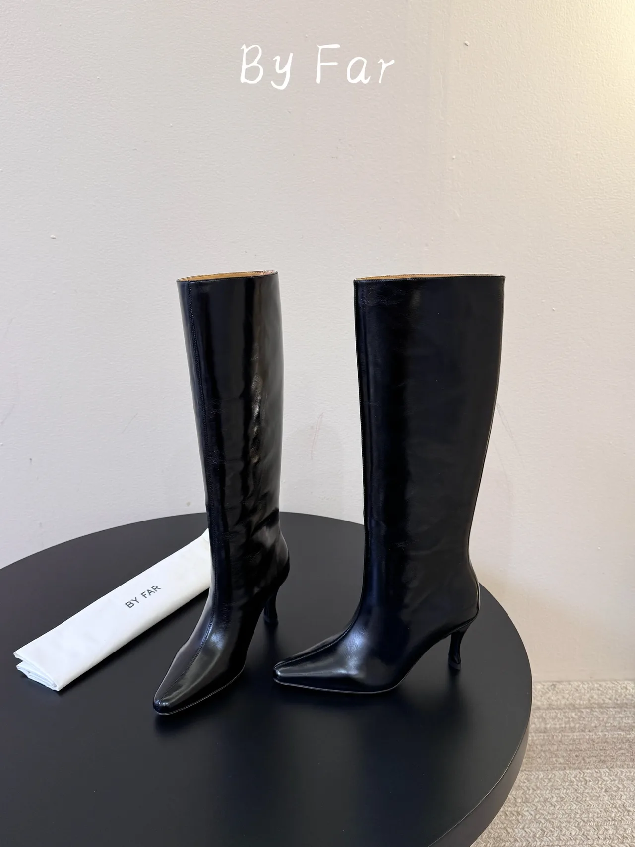 By Far Glossy Pointed-Toe Lace-Up Knee-High Boots in Black · view 3