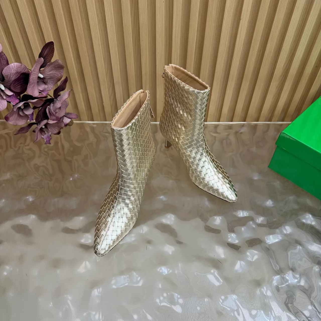 Bottega Veneta Woven Pointed-Toe Ankle Boots in Gold · view 6