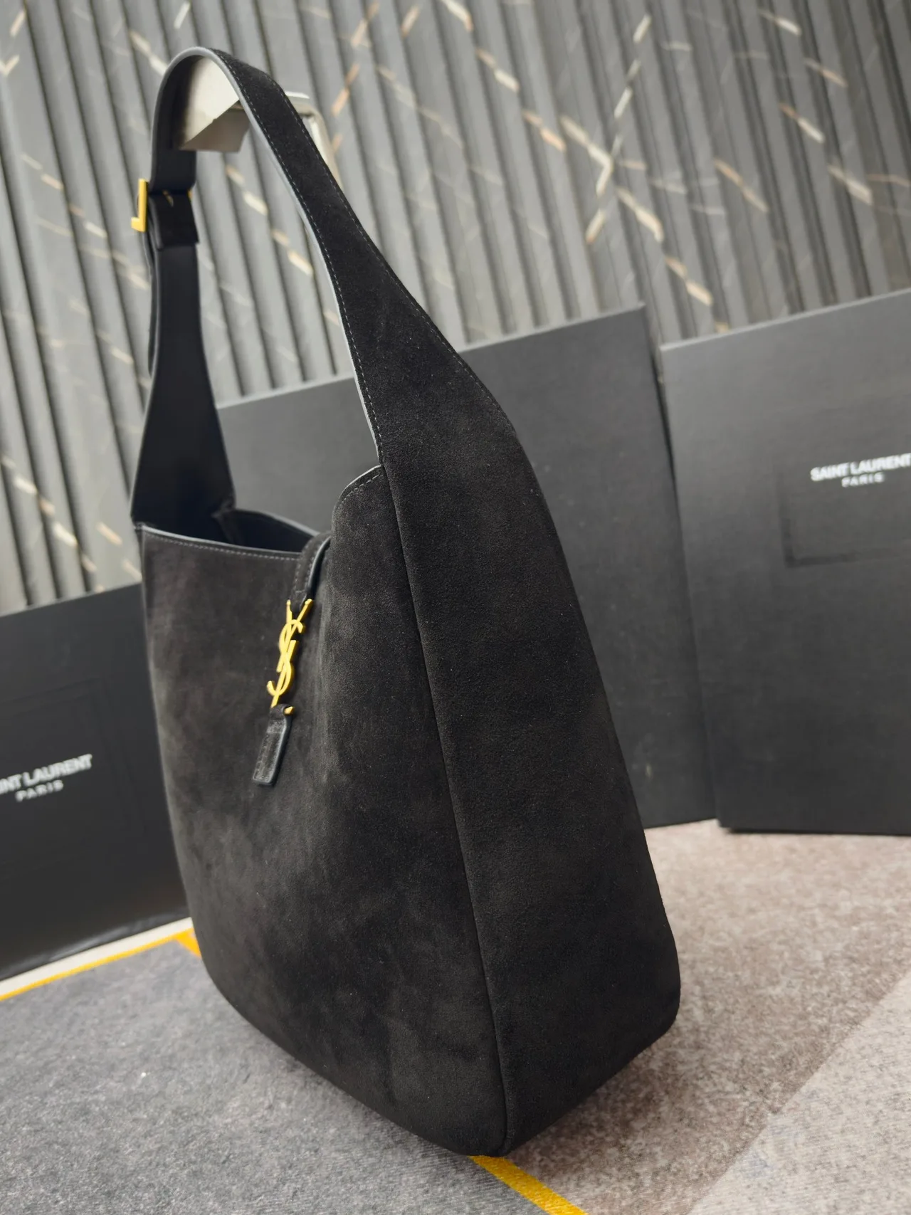 Saint Laurent Glossy Suede-Look Hobo Bag in Black · view 3