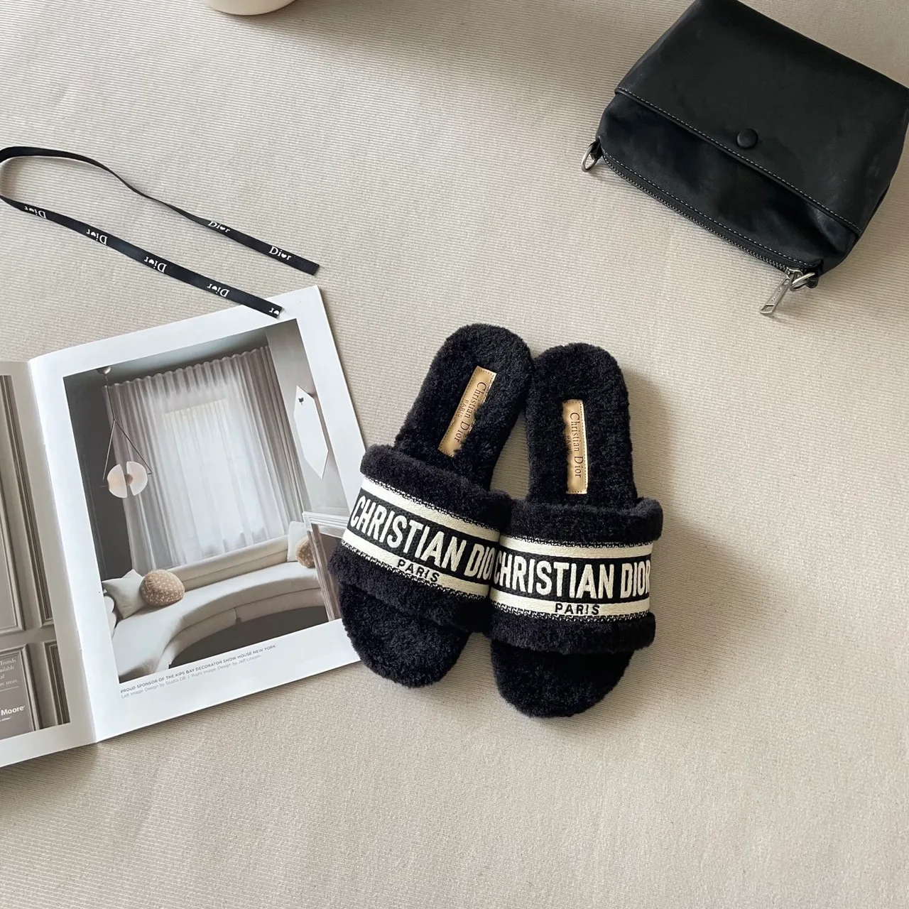 Dior Wool Cashmere Fuzzy Slides in Black · view 1
