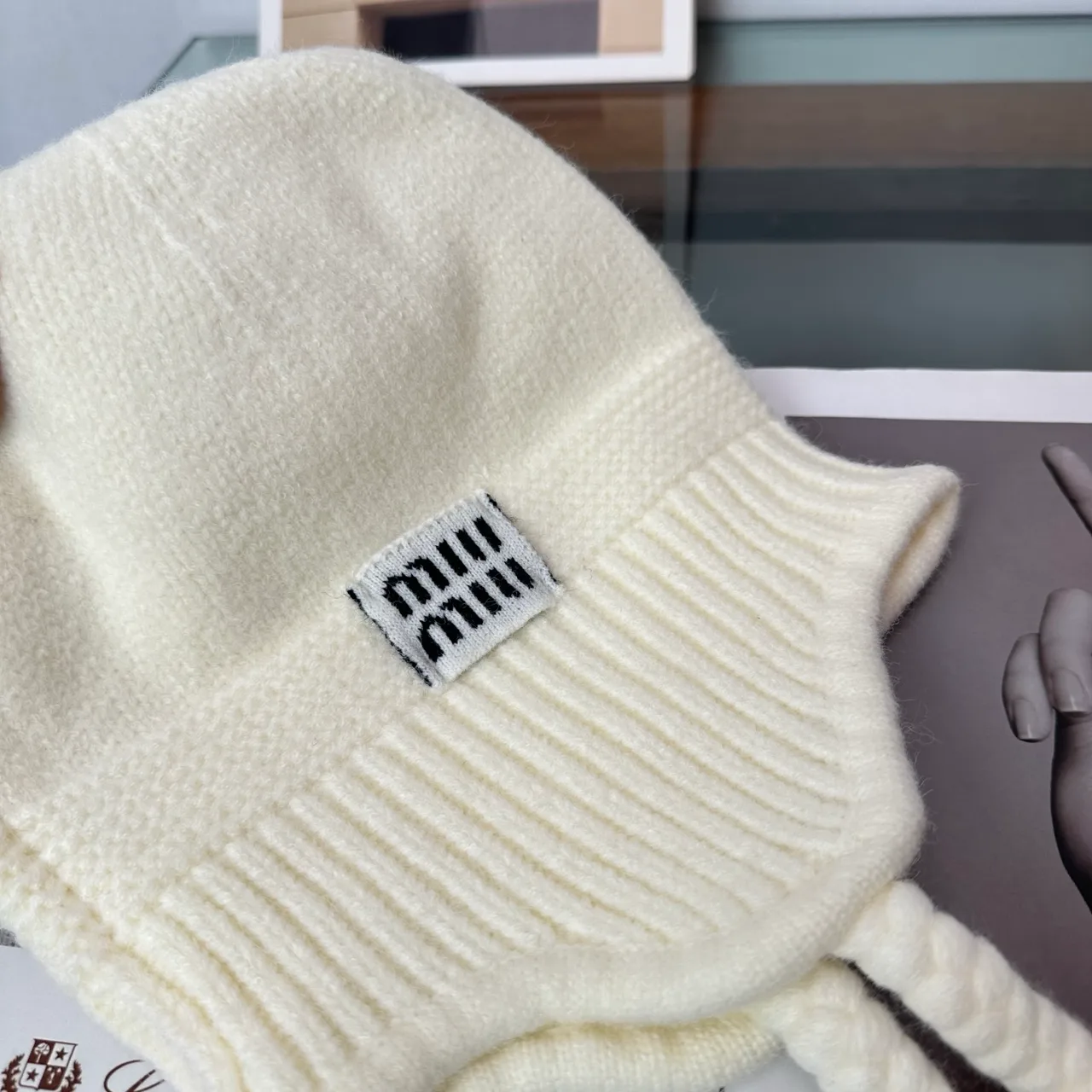 Miu Miu Earflap Beanie in Beige & Grey & Black · view 8